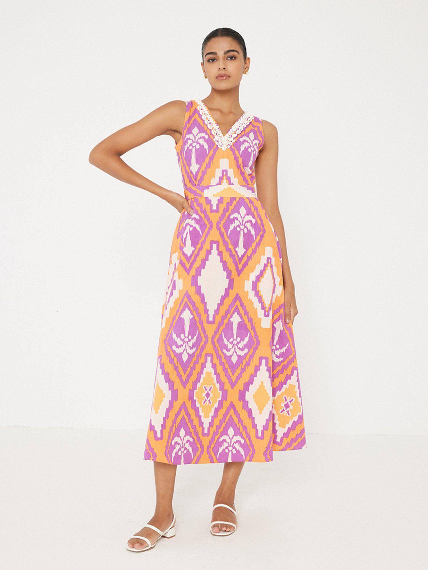 multi-color printed midi dress with belt (set of 2)