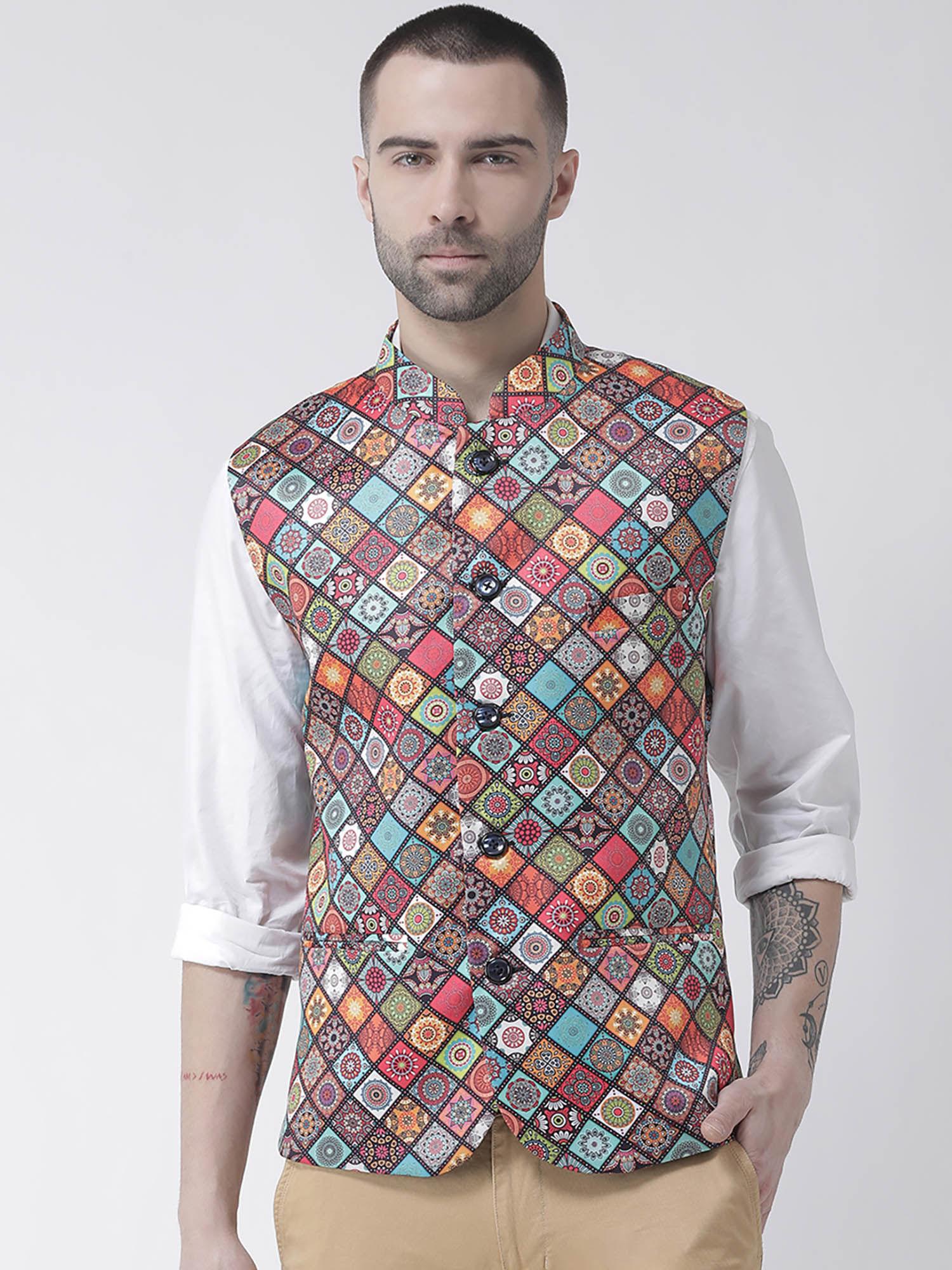 multi-color printed nehru jacket