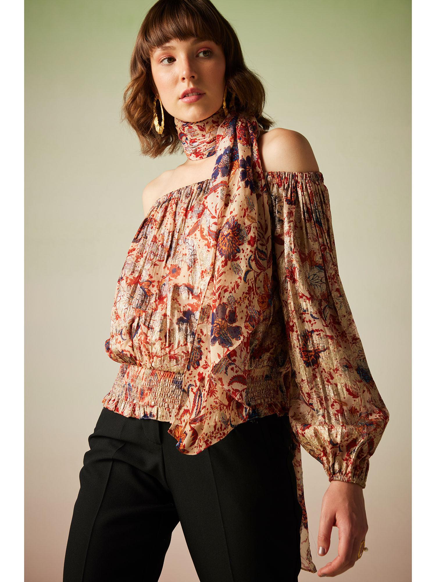 multi-color printed off shoulder top with smocked hemline