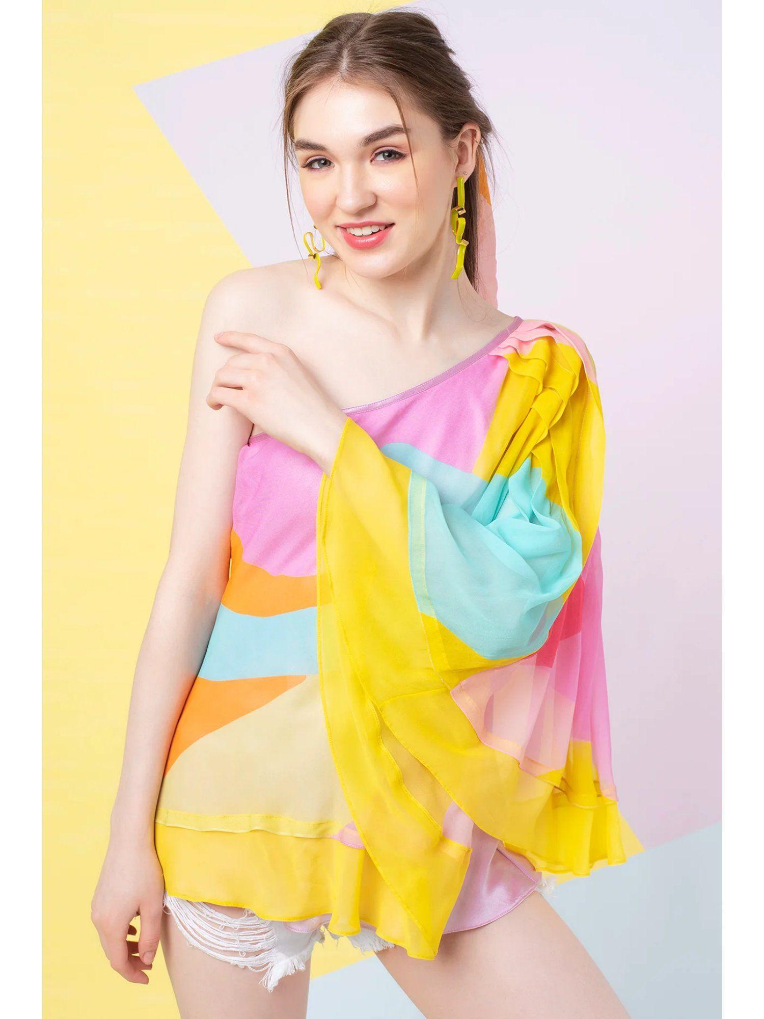 multi-color printed one shoulder top