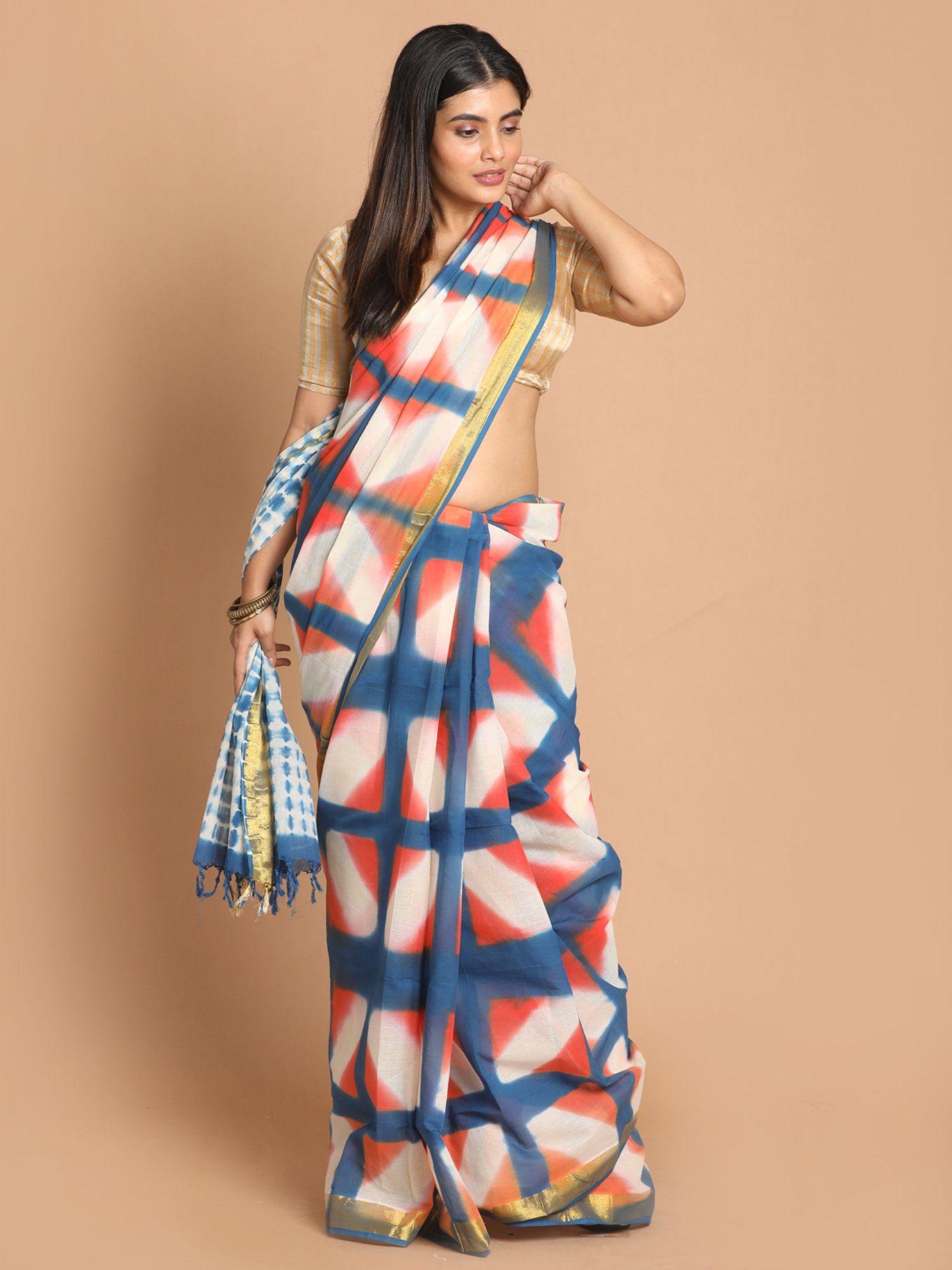 multi-color printed pure cotton saree with unstitched blouse