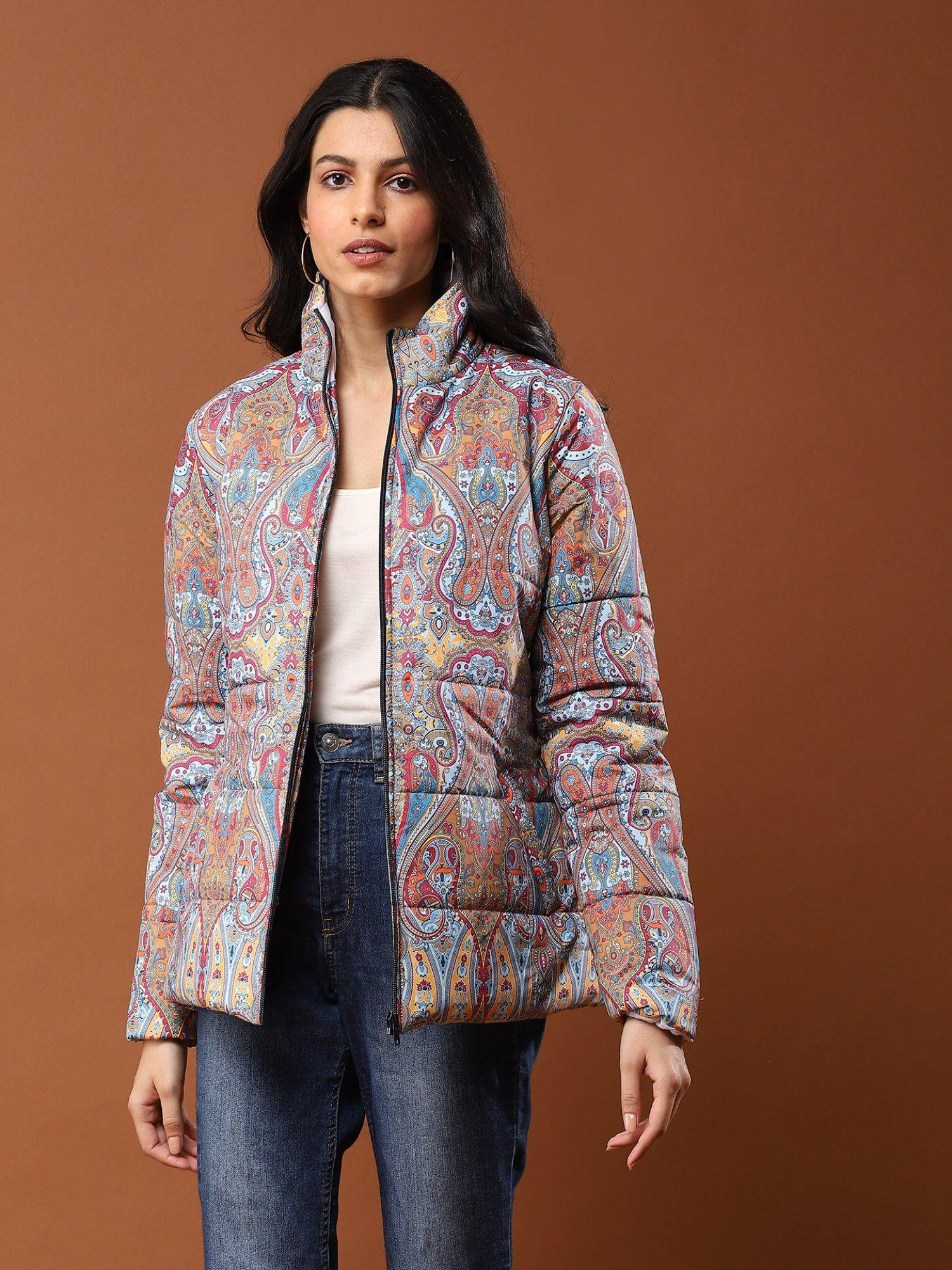 multi color printed quilted puffer jacket