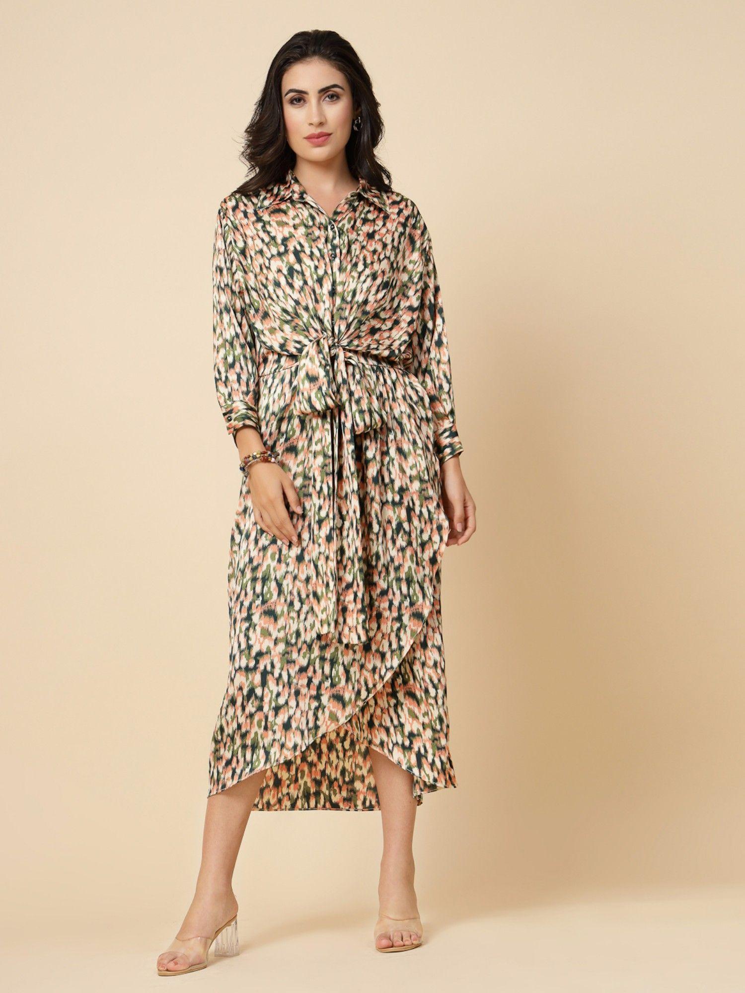 multi-color printed satin midi dress