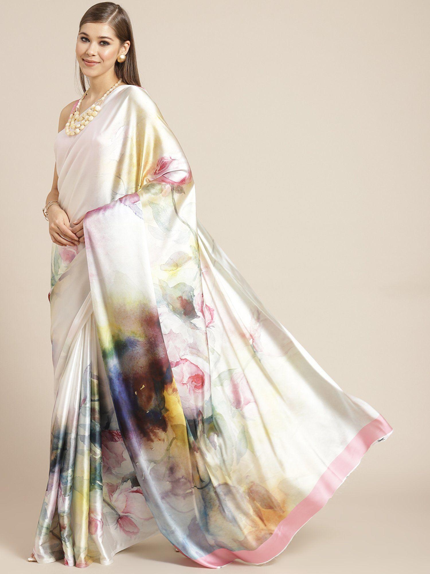 multi-color printed satin saree with unstitched blouse