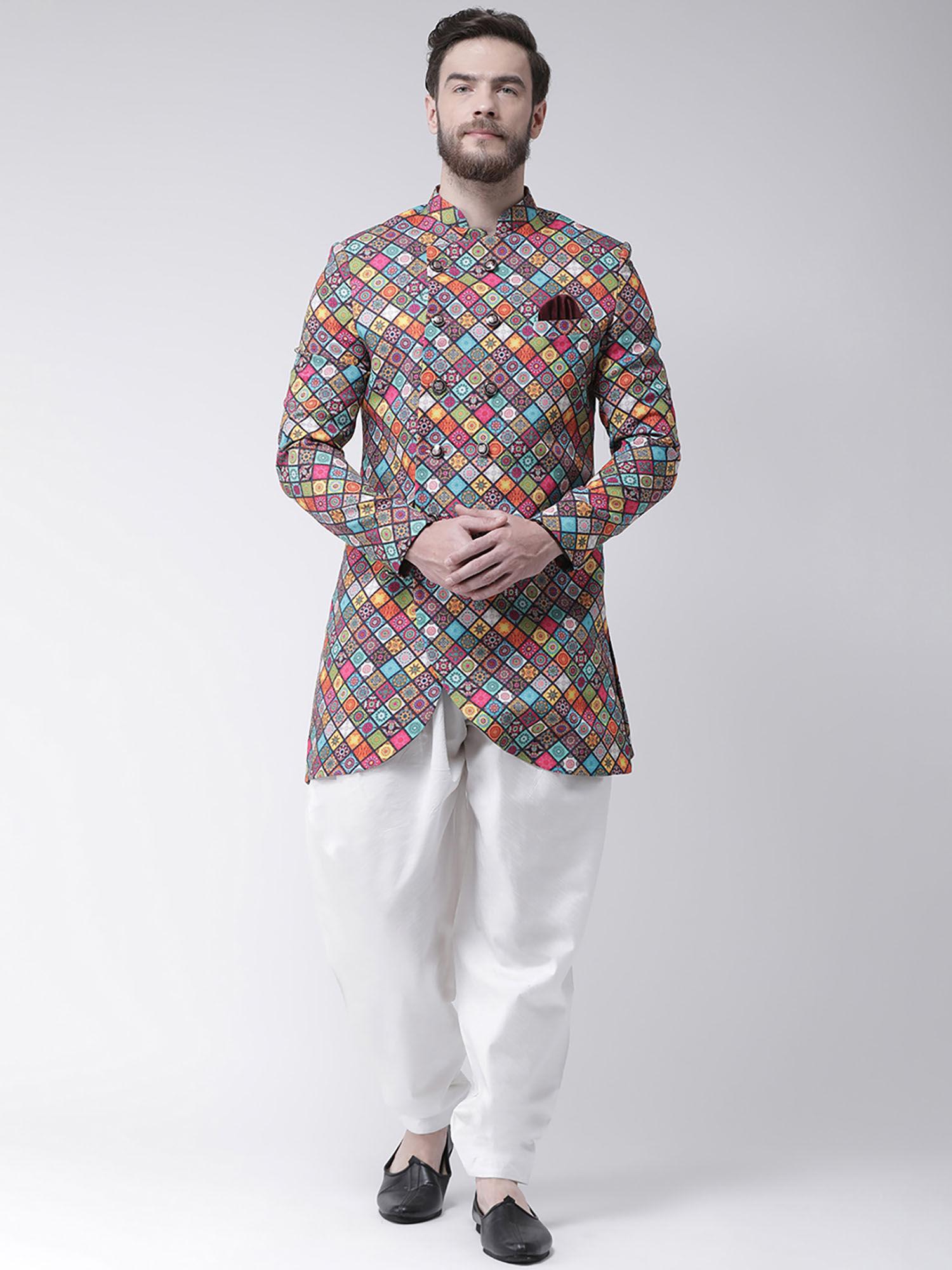 multi-color printed sherwani and pyjama (set of 2)