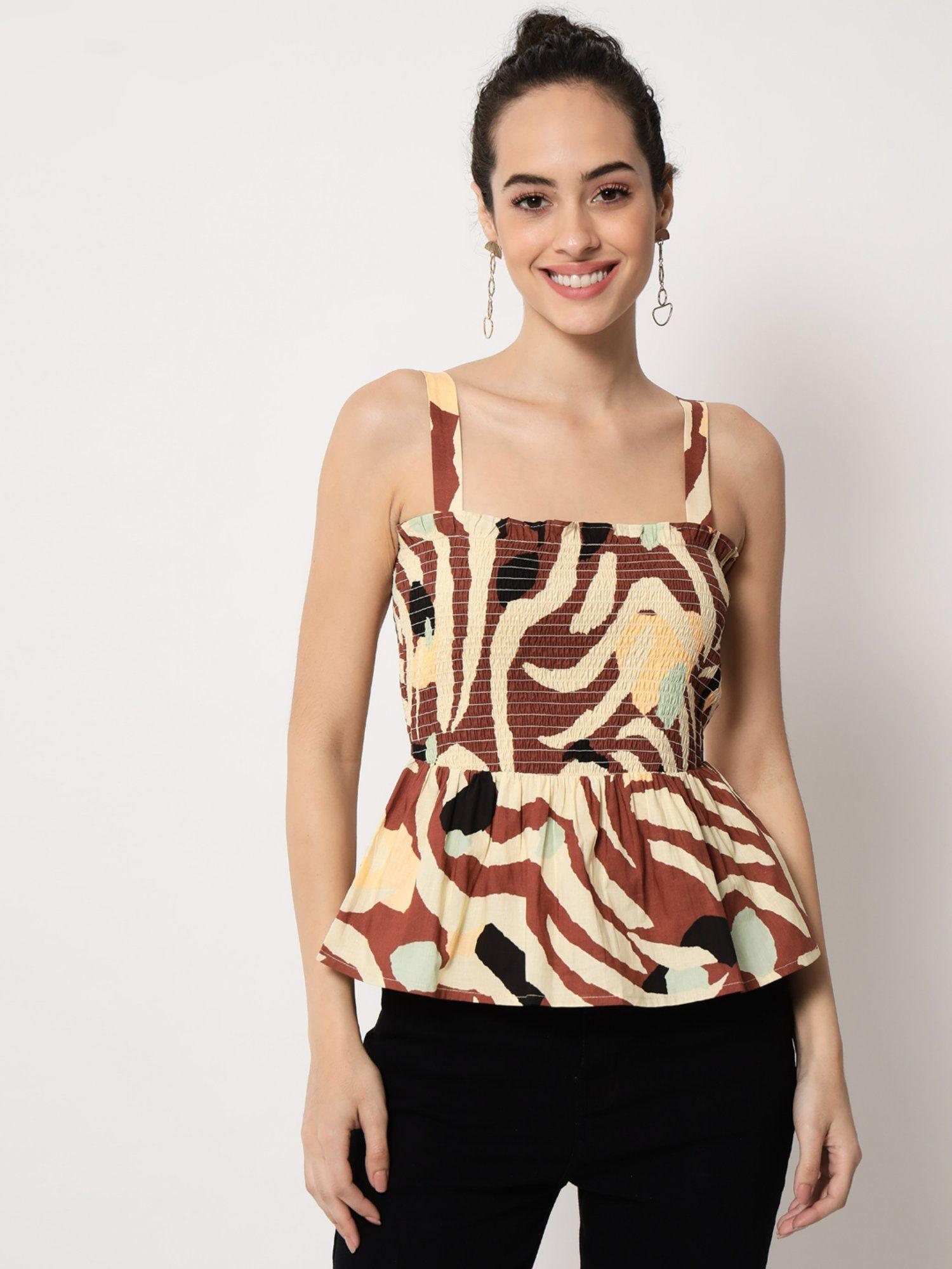 multi-color printed smocking top