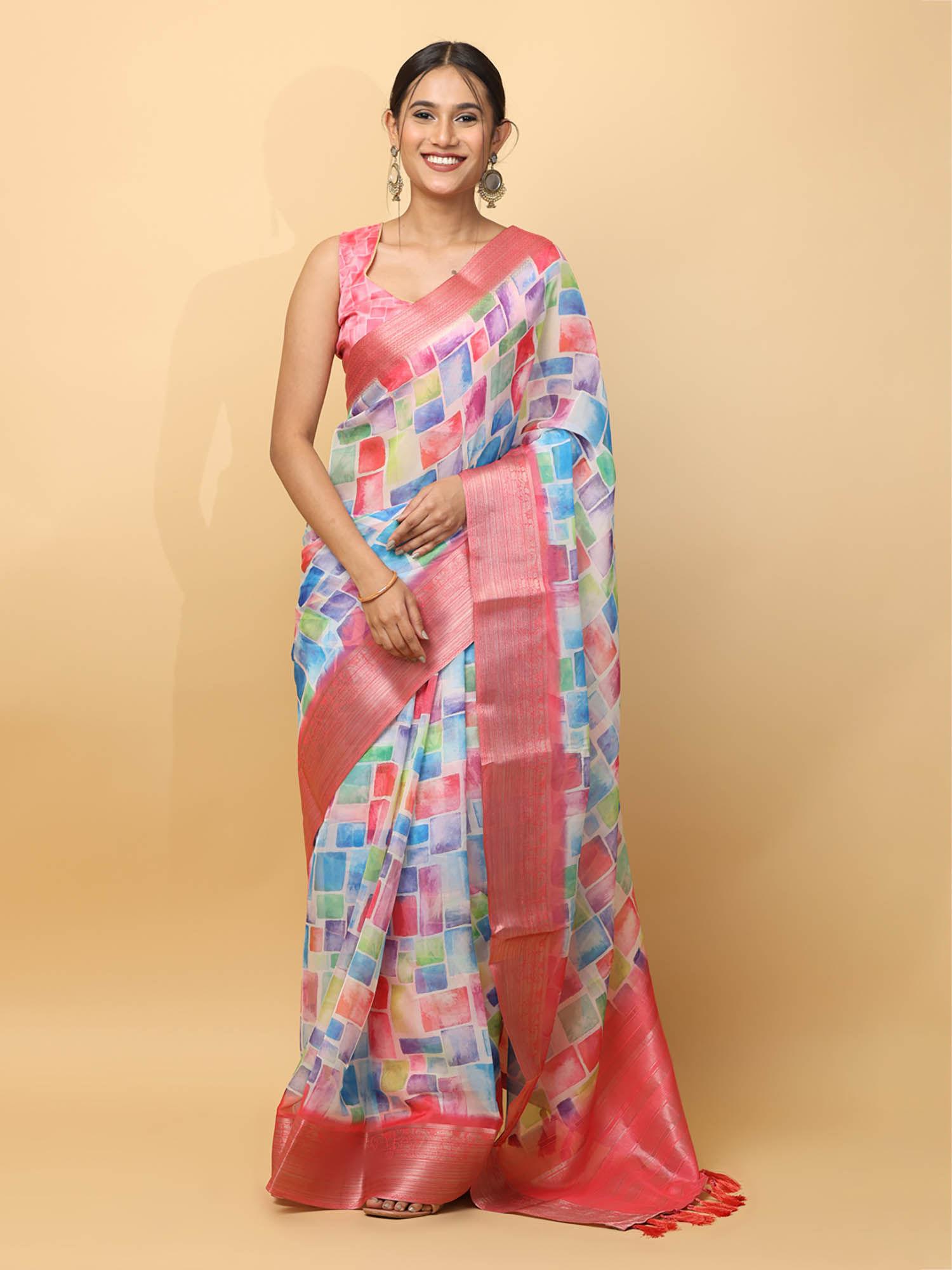 multi-color printed zari organza saree with unstitched blouse