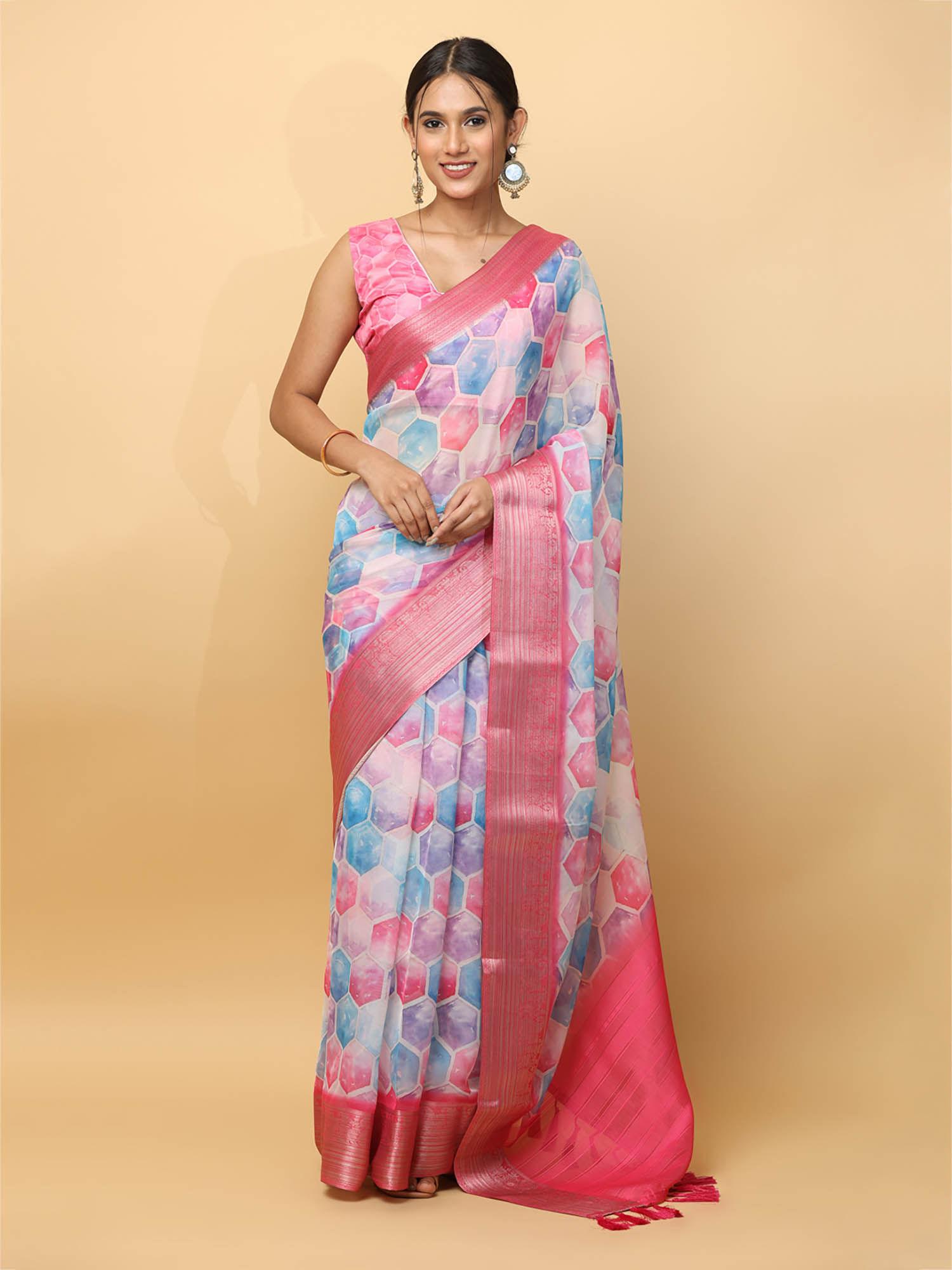 multi-color printed zari organza saree with unstitched blouse