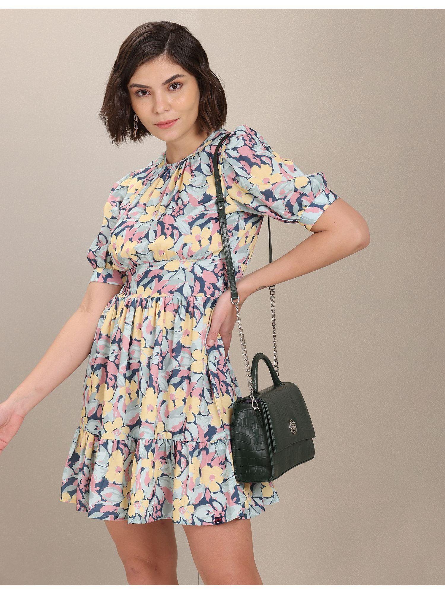 multi-color puffed sleeve floral fit and flare dress