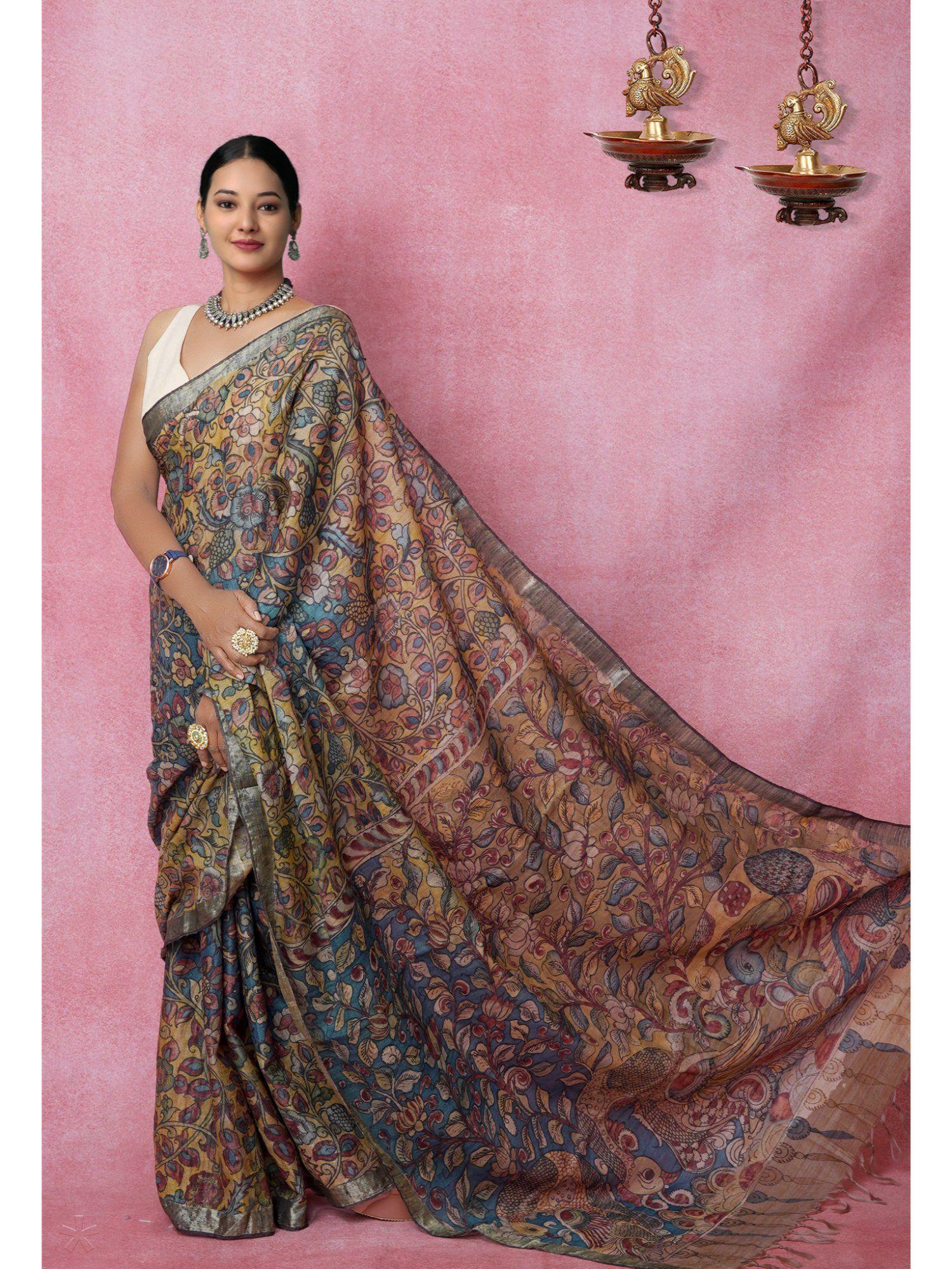 multi color pure floral handloom kalamkari printed silk saree with unstitched blouse