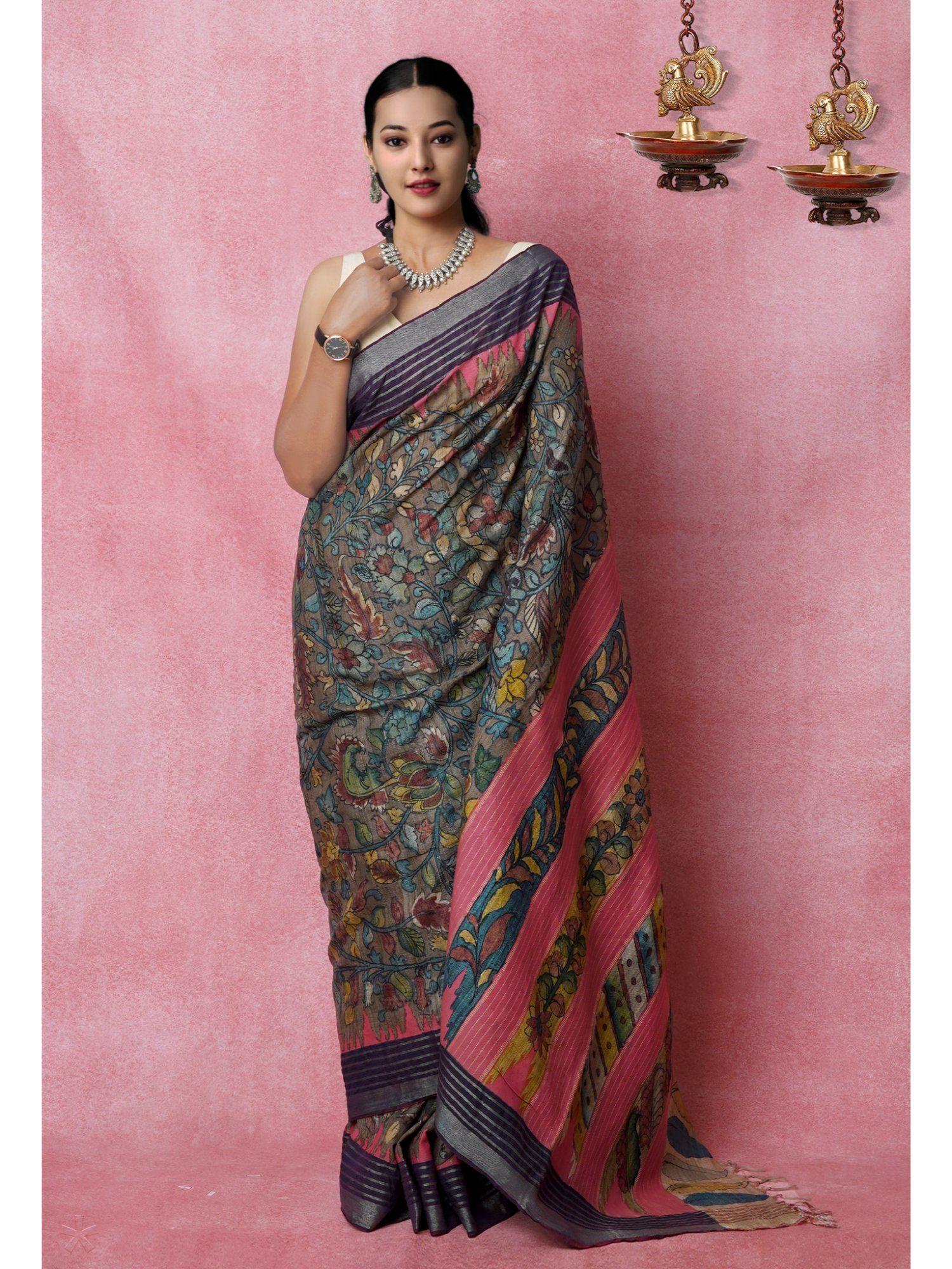 multi color pure floral handloom kalamkari printed silk saree with unstitched blouse