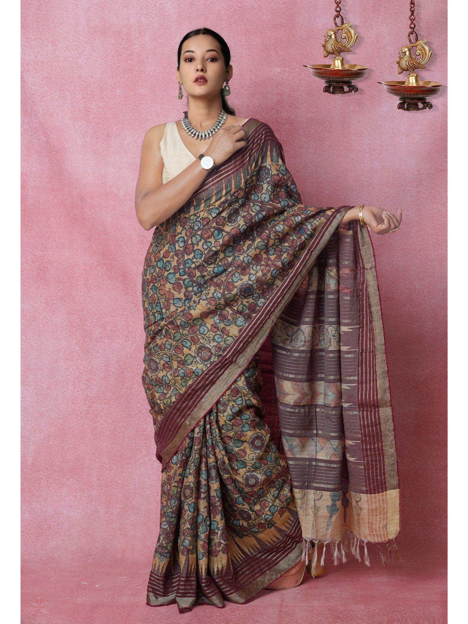 multi color pure handloom floral kalamkari floral silk saree with unstitched blouse