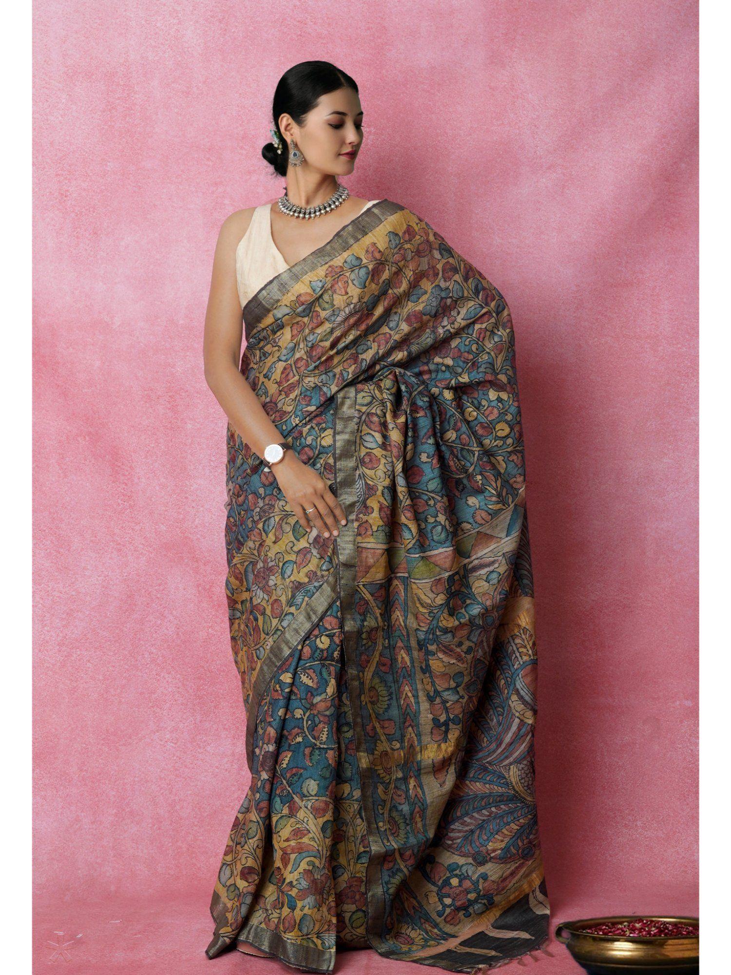 multi color pure handloom floral kalamkari printed silk saree with unstitched blouse