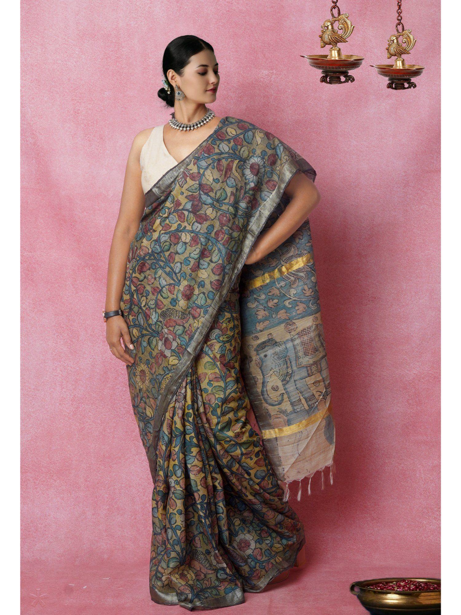 multi color pure handloom kalamkari floral print silk saree with unstitched blouse