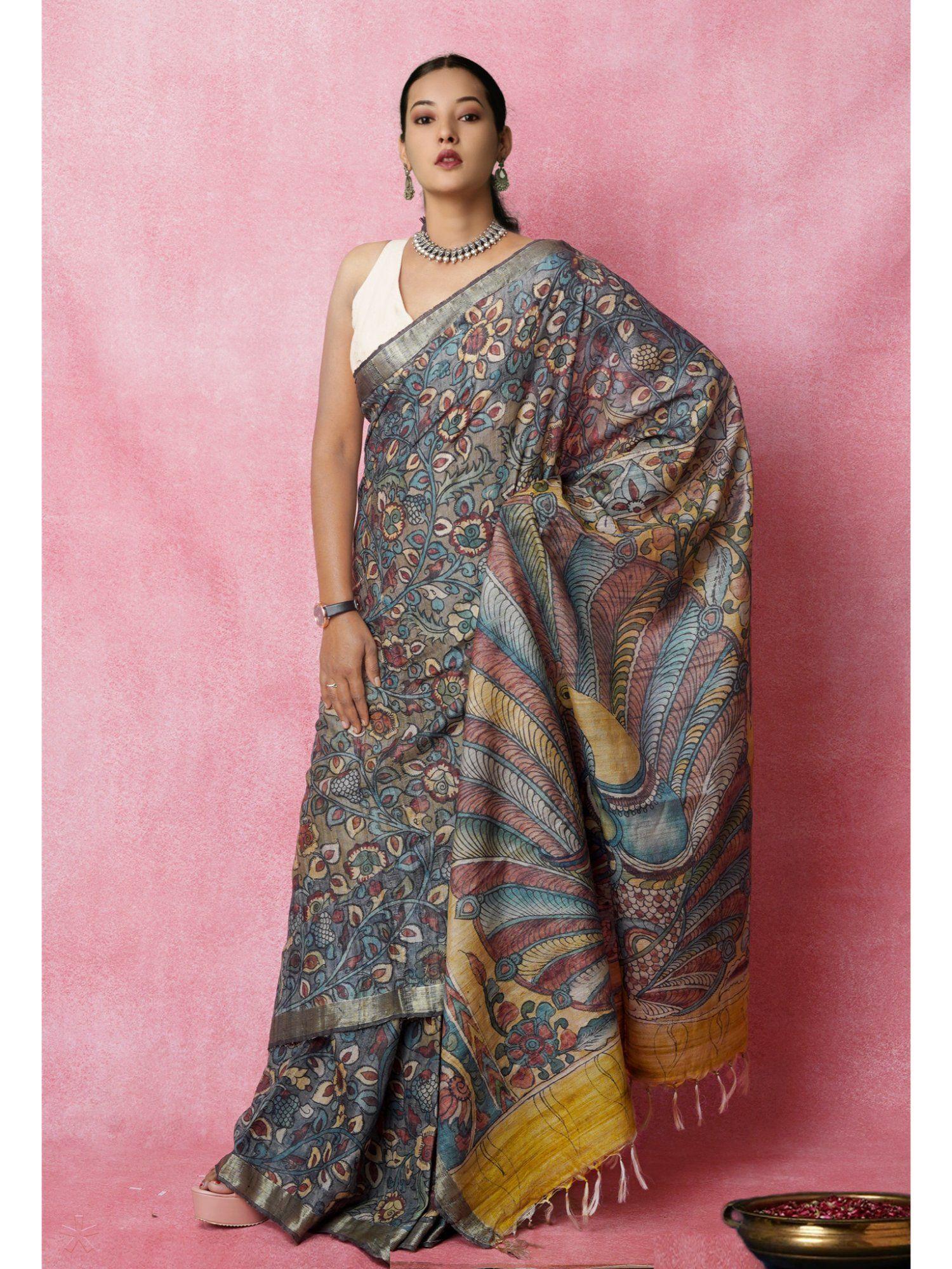 multi color pure handloom kalamkari printed floral silk saree with unstitched blouse