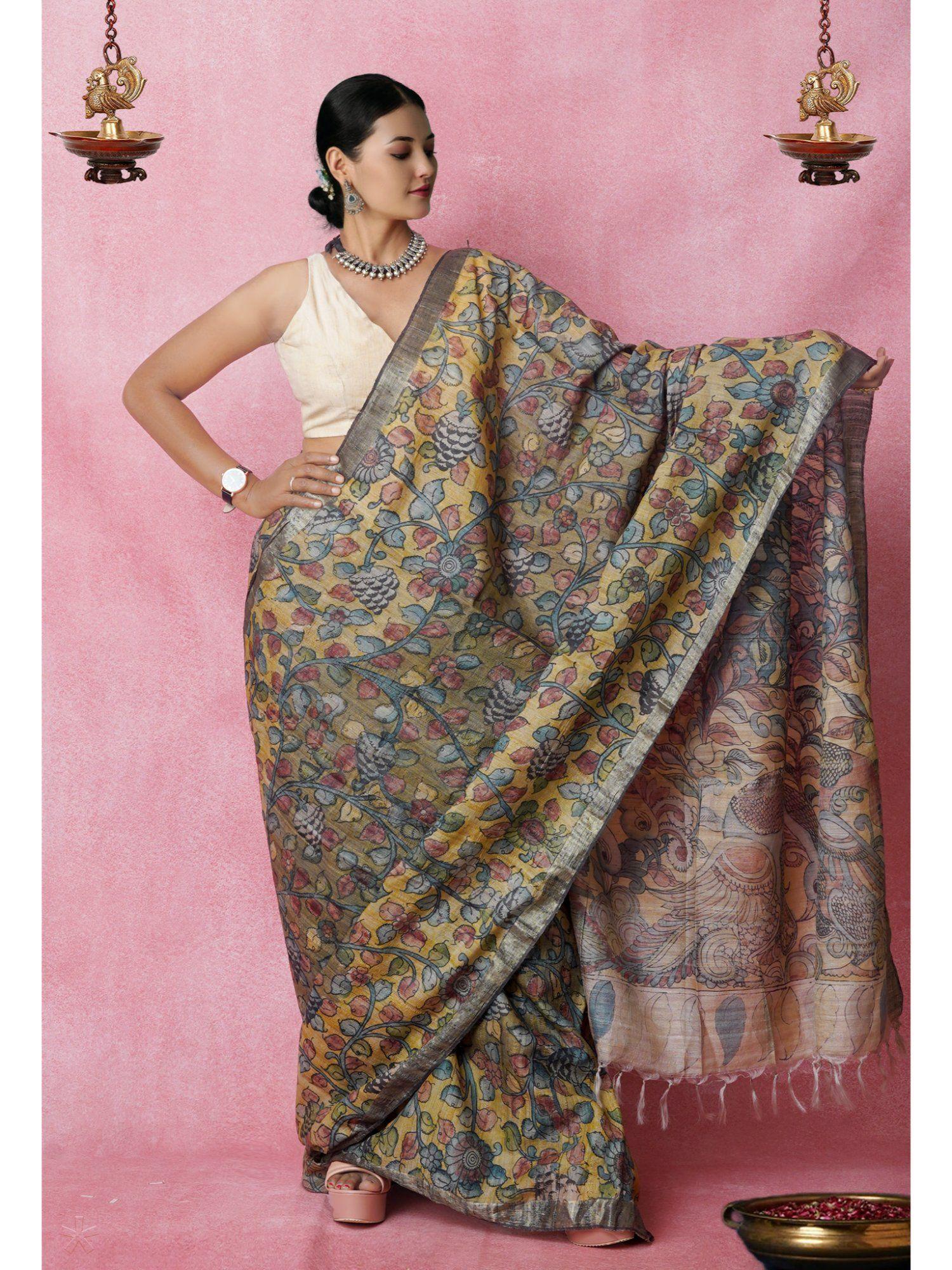 multi color pure handloom kalamkari printed floral silk saree with unstitched blouse