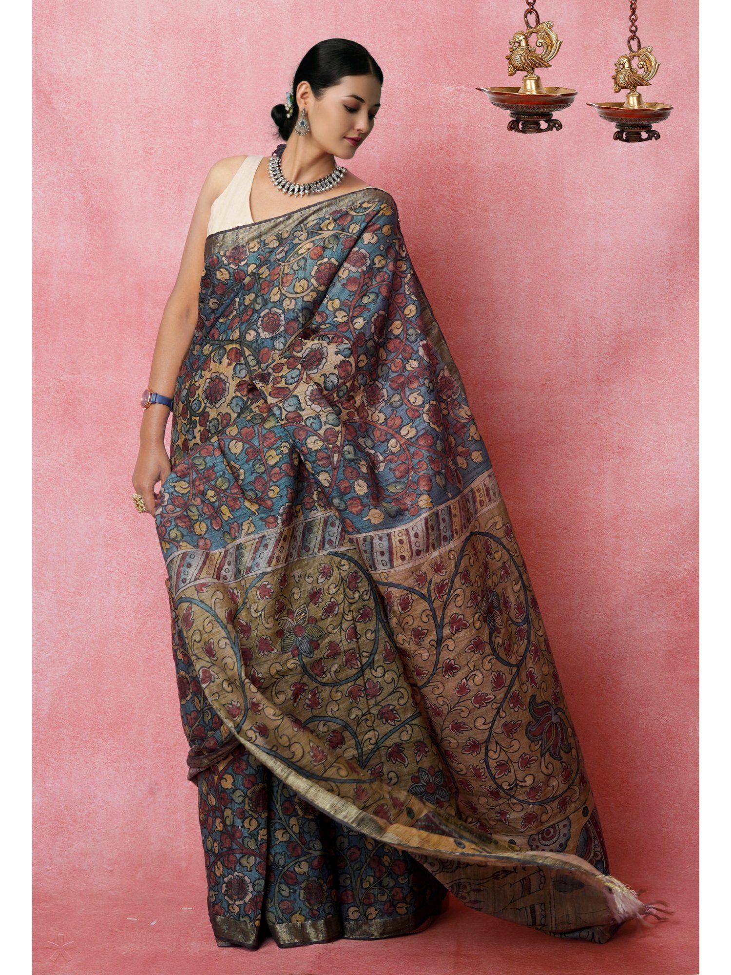 multi color pure handloom kalamkari printed silk floral saree with unstitched blouse