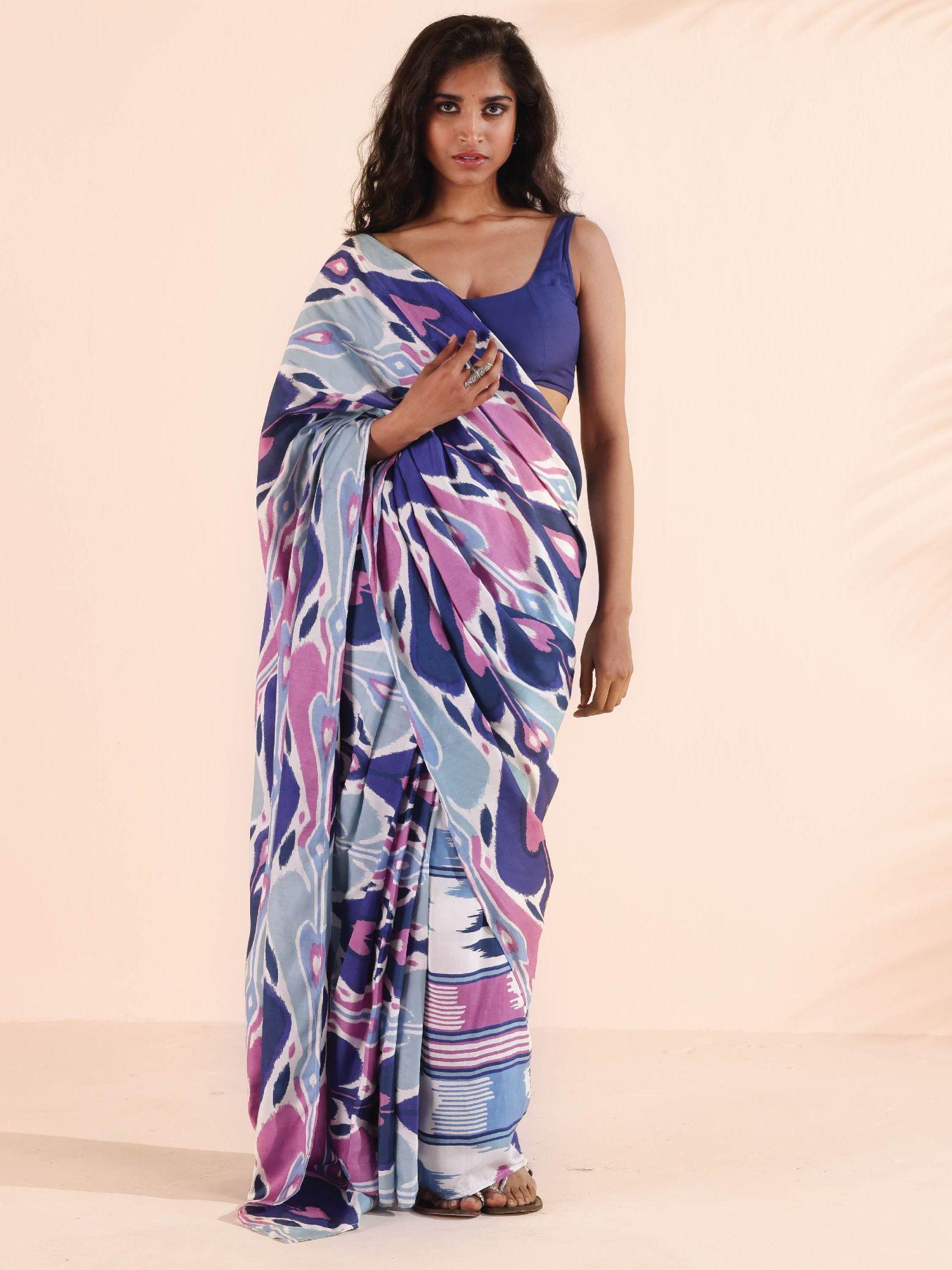 multi-color purple muslin ikat saree without blouse