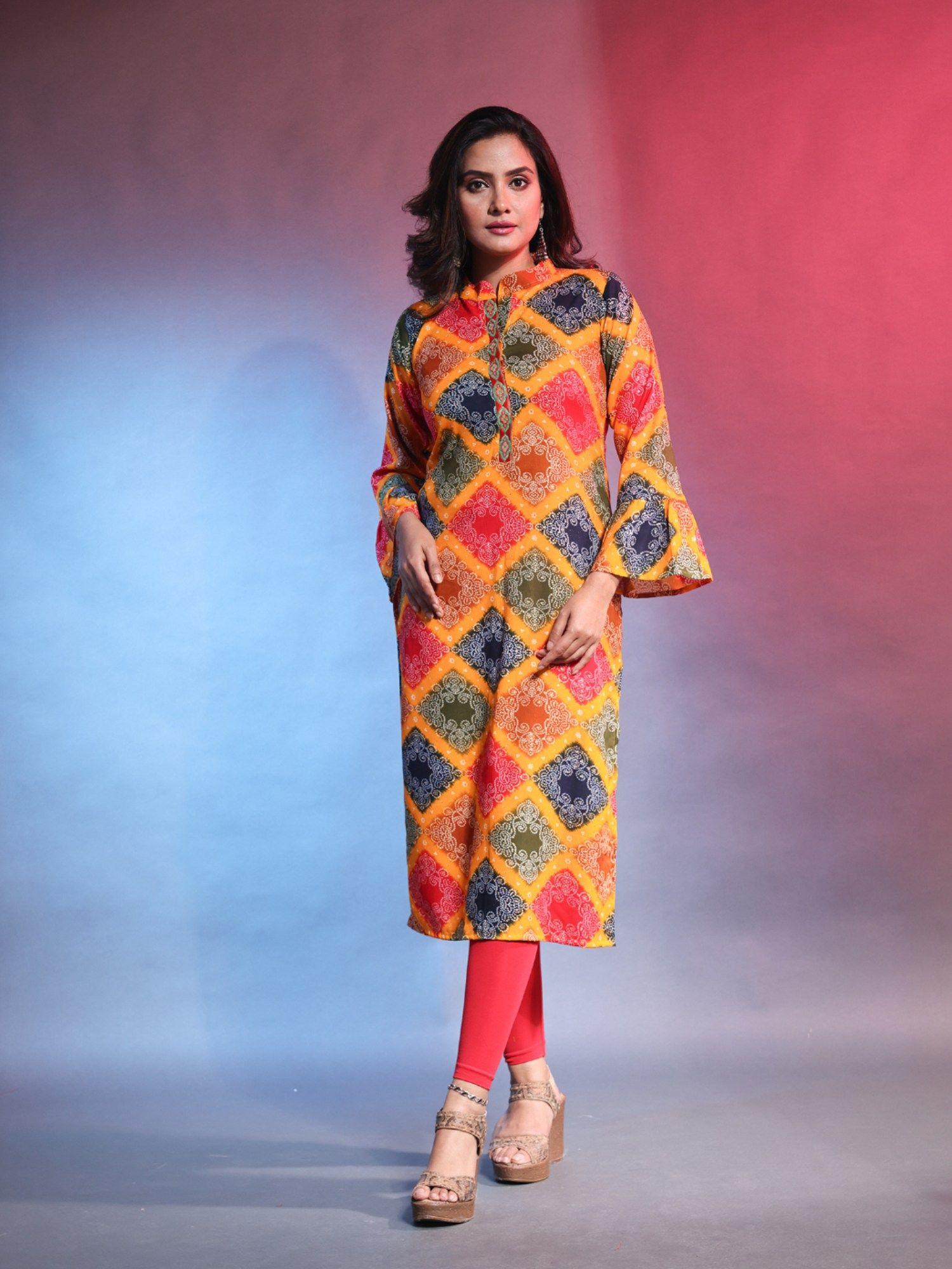 multi-color rayon bandhani printed straight kurta