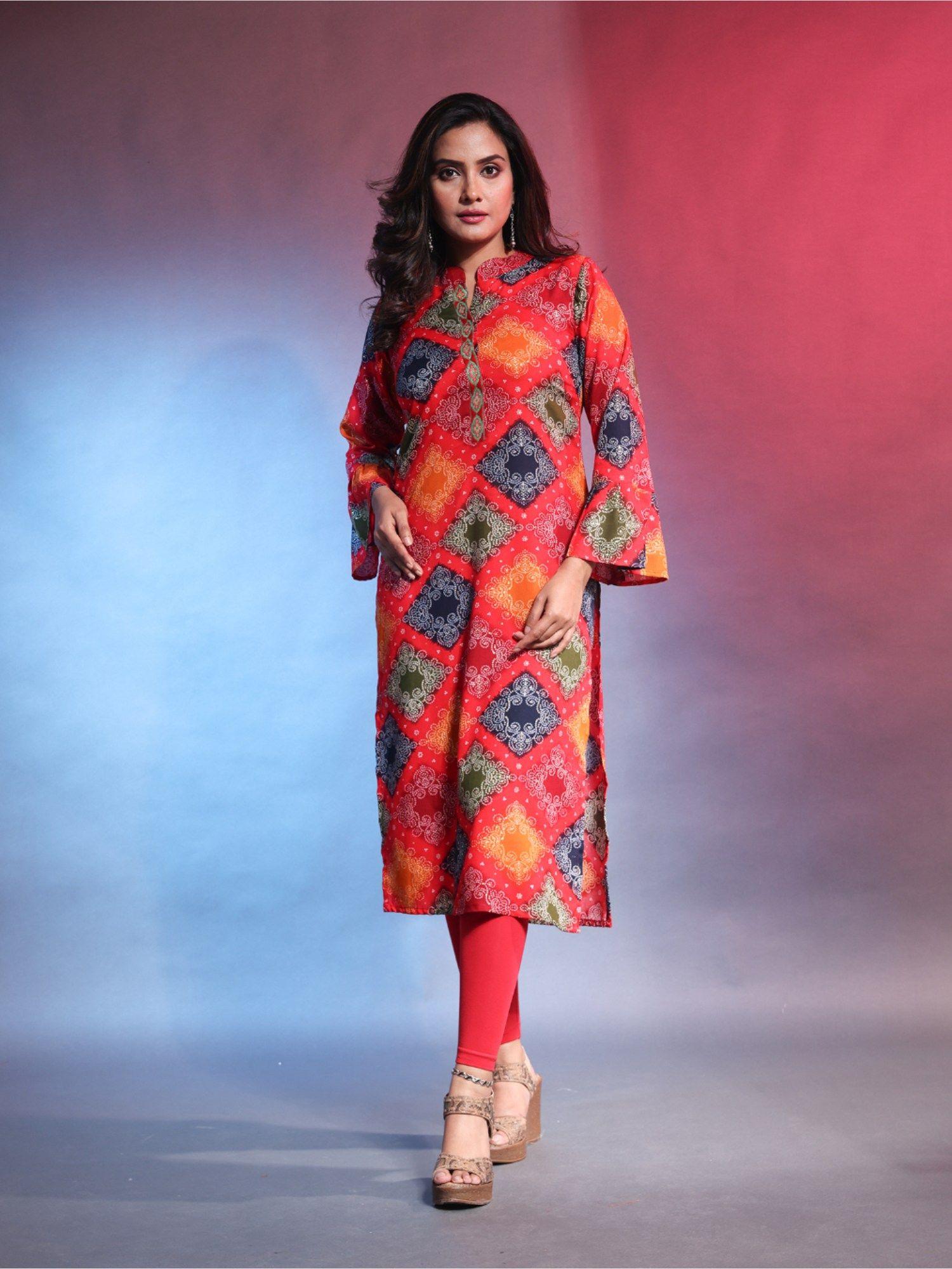 multi-color rayon bandhani printed straight kurta