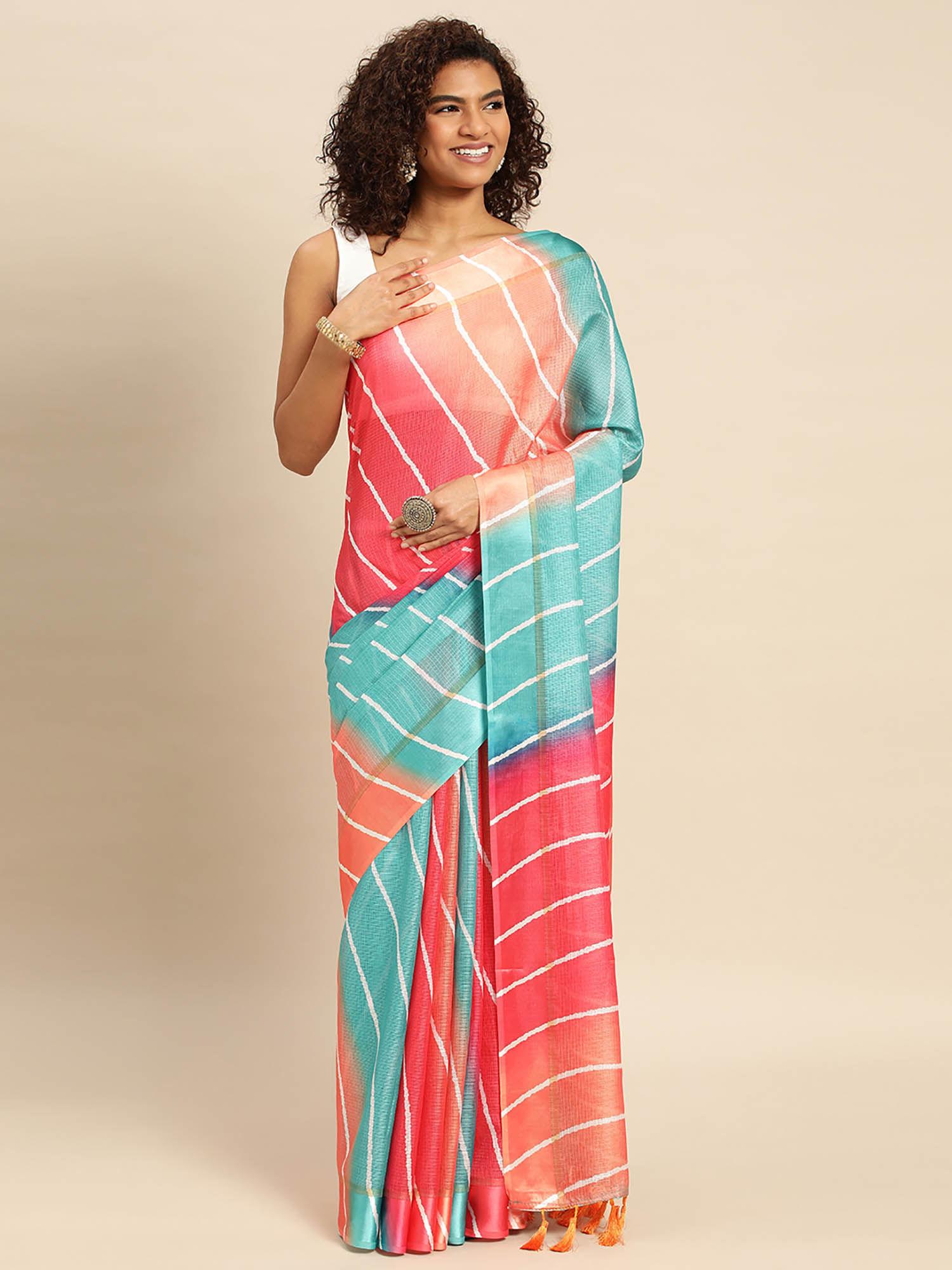 multi-color satin kota batik print saree with unstitched blouse