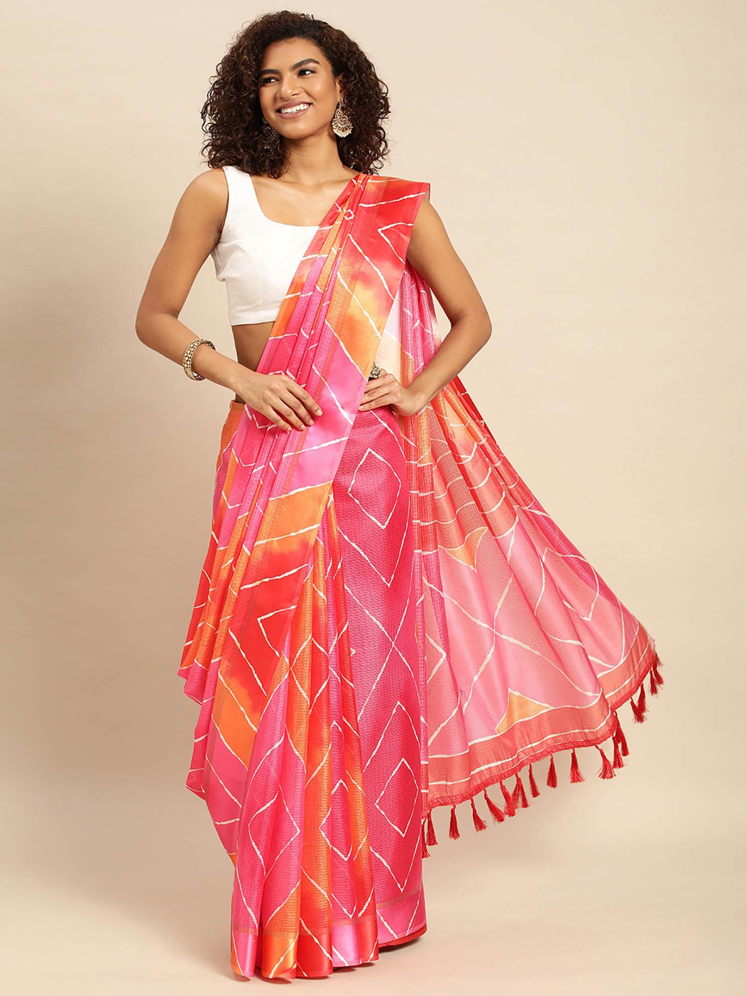 multi-color satin kota batik print saree with unstitched blouse