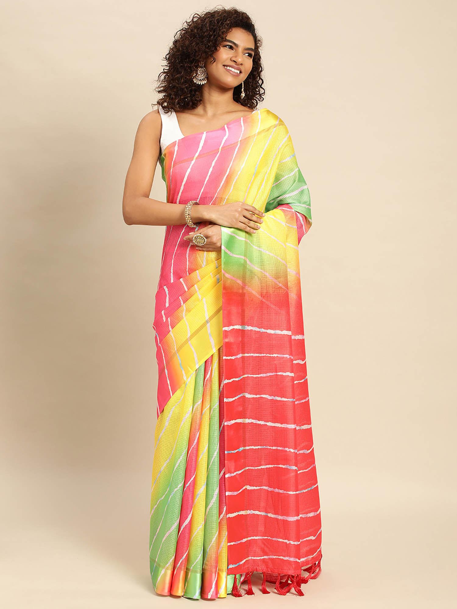 multi-color satin kota batik print saree with unstitched blouse