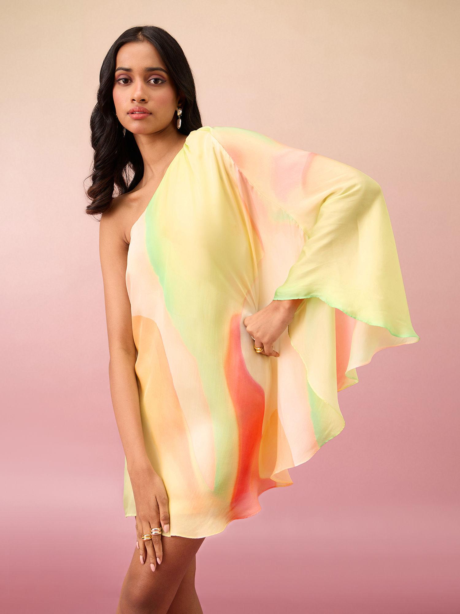 multi-color satin ombre print one shoulder flared short dress