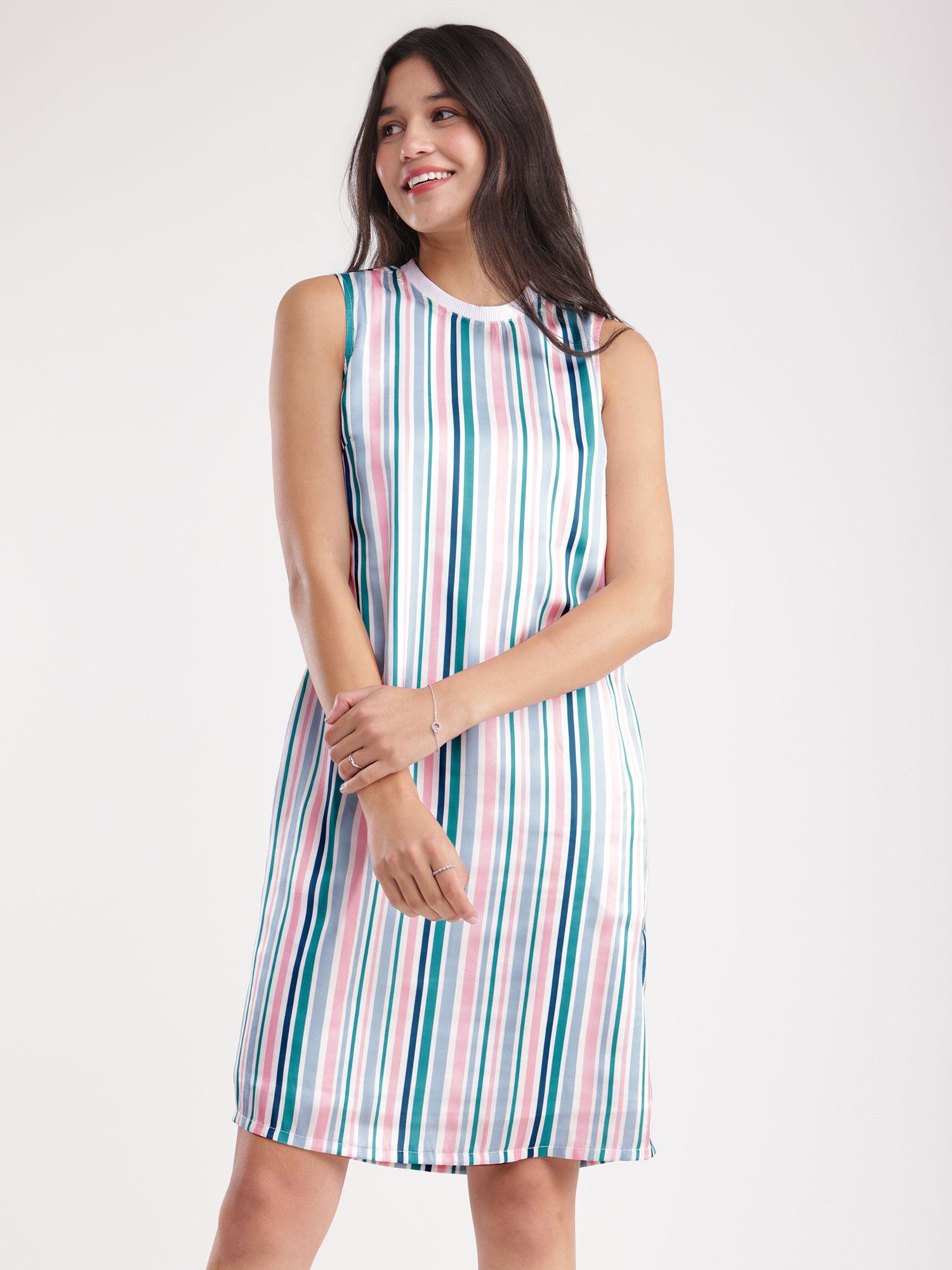 multi-color satin shift dress