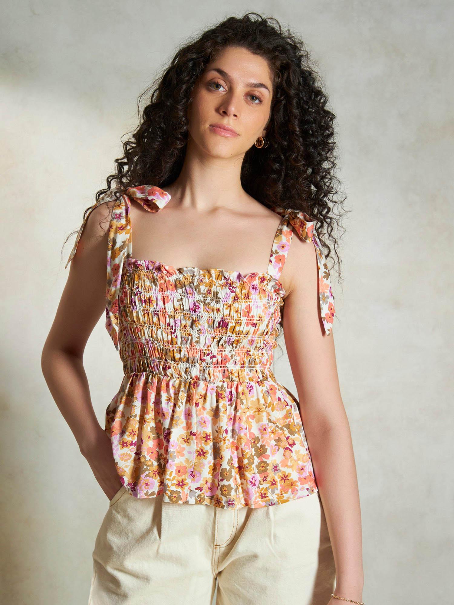 multi-color soft floral shoulder tie-up peplum top