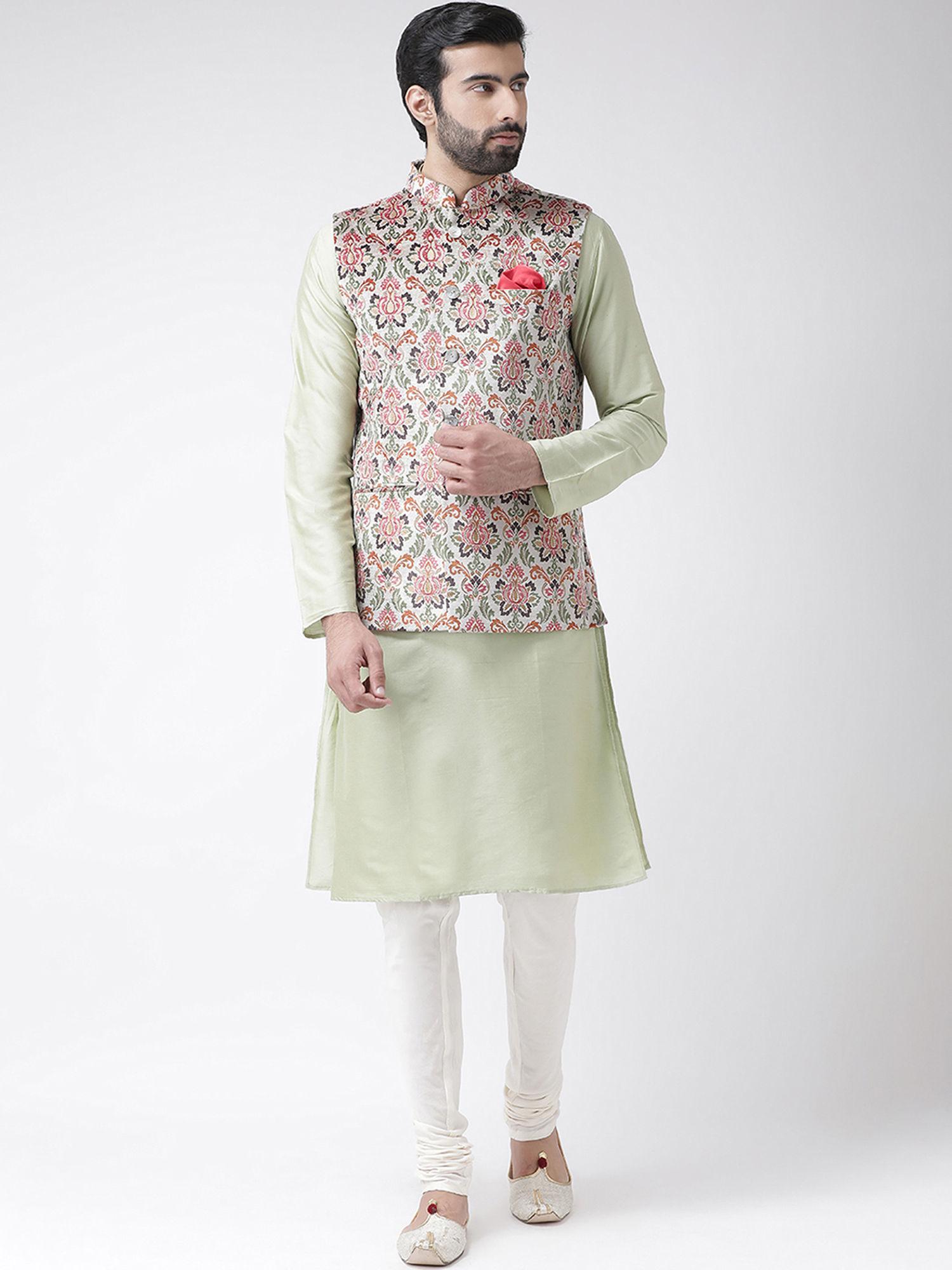 multi-color solid kurta with churidar and jacket (set of 3)