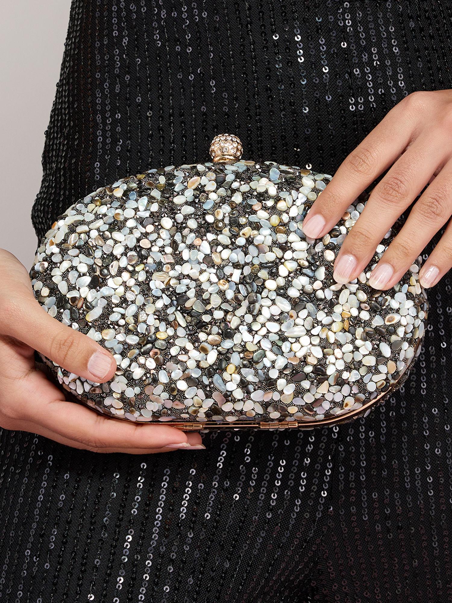 multi-color stone embellished oval party clutch