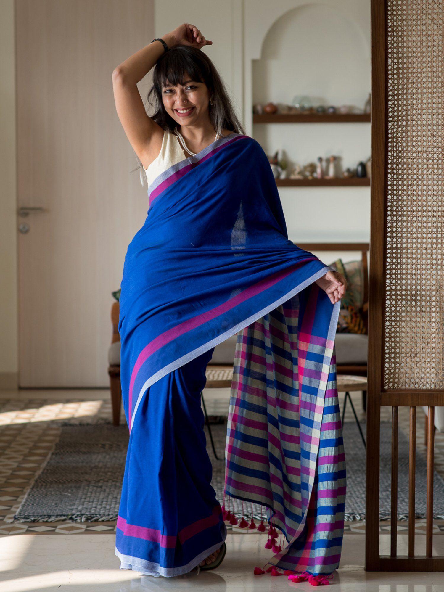 multi color stripe cotton blend saree with unstitched blouse
