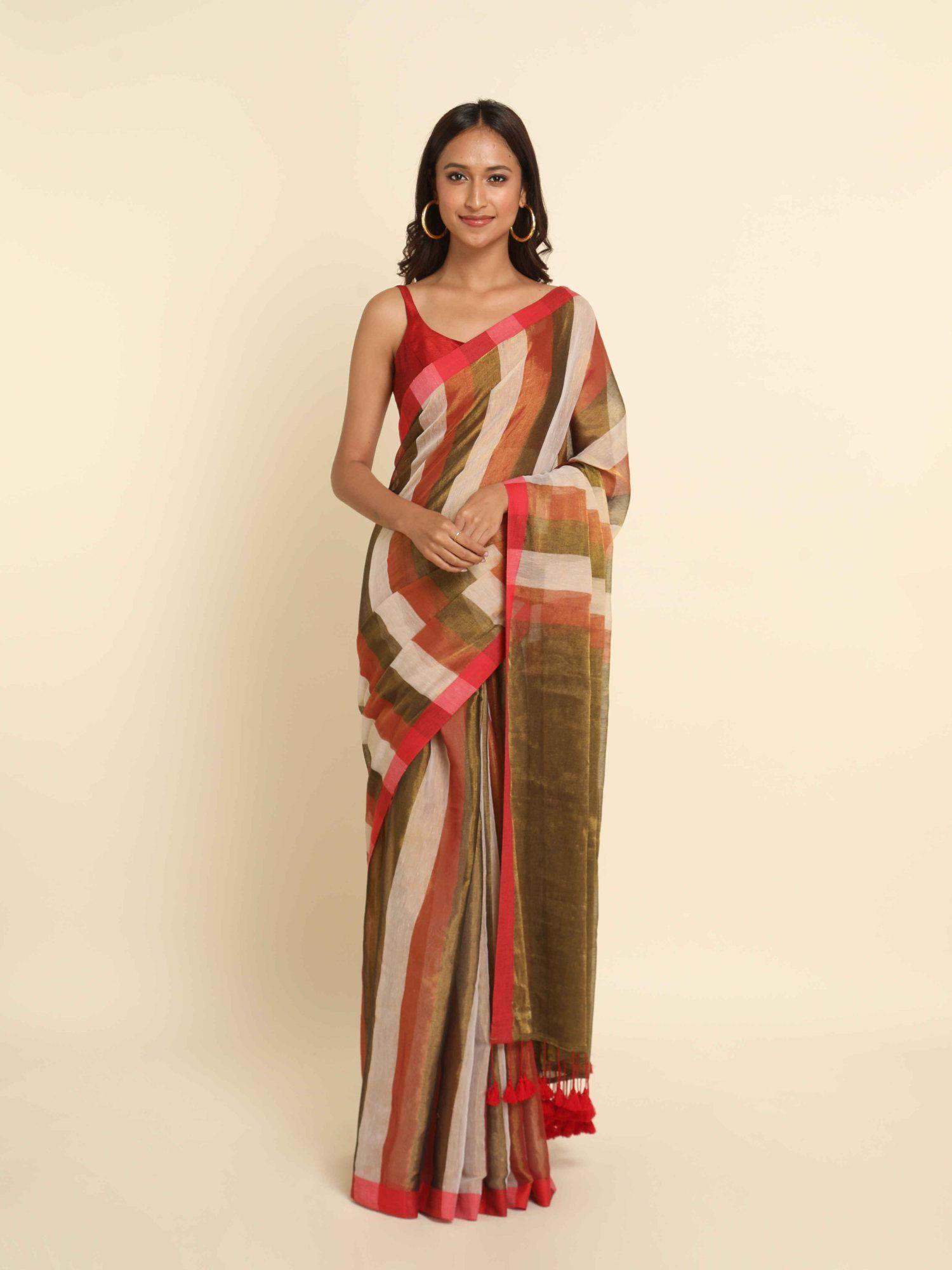 multi-color stripes cotton blend saree