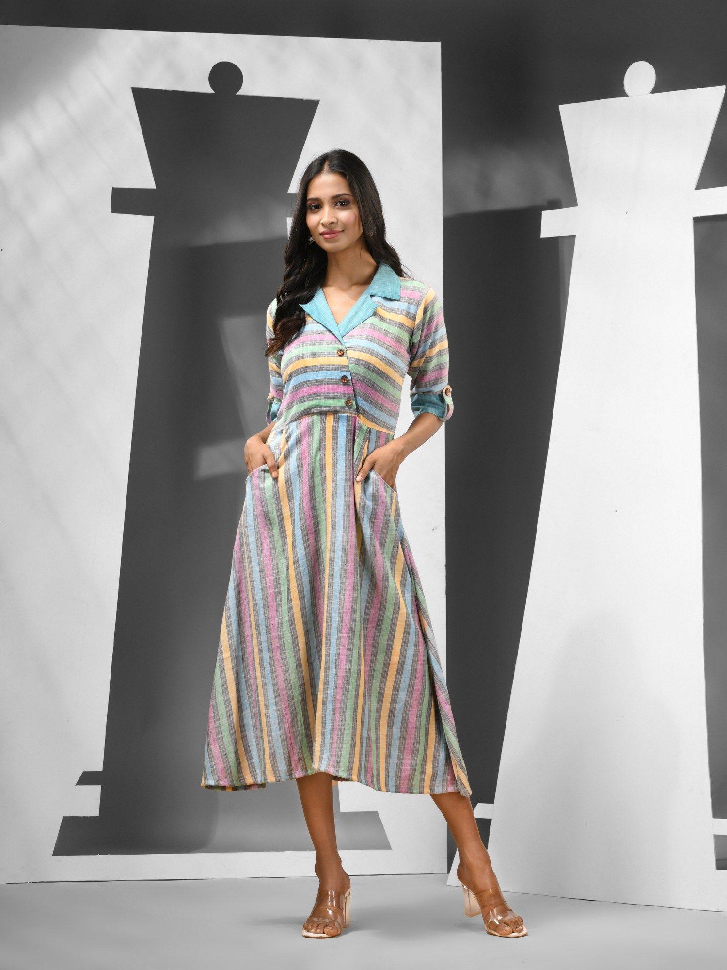 multi-color stripes cotton midi dress