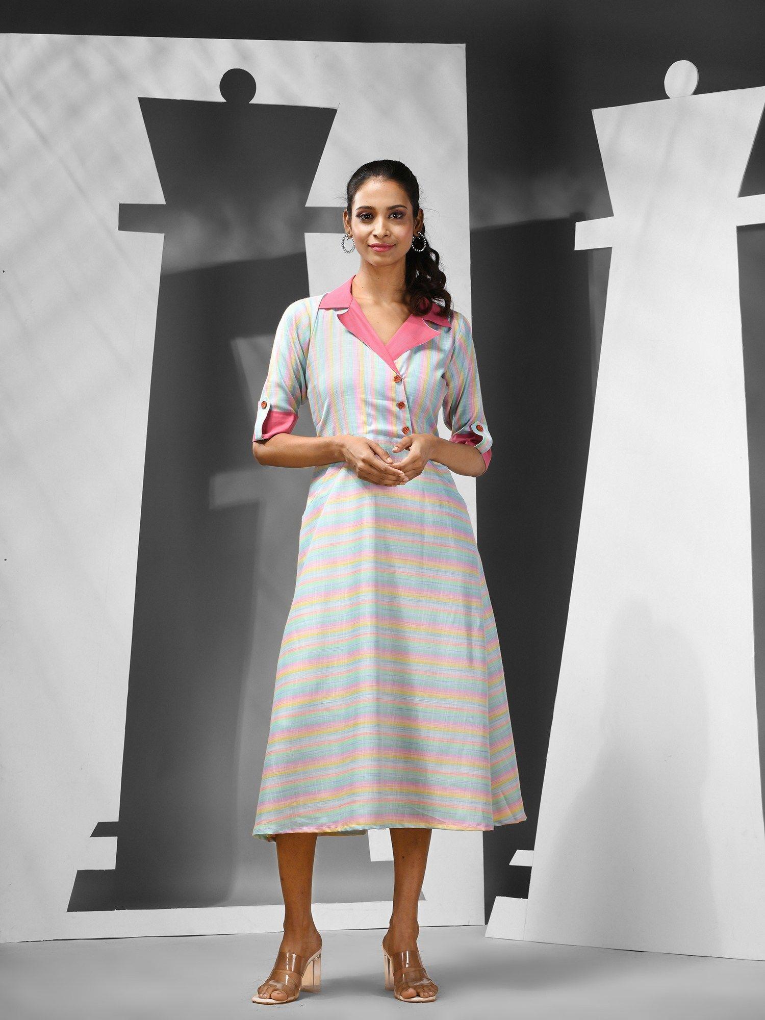 multi-color stripes cotton midi dress