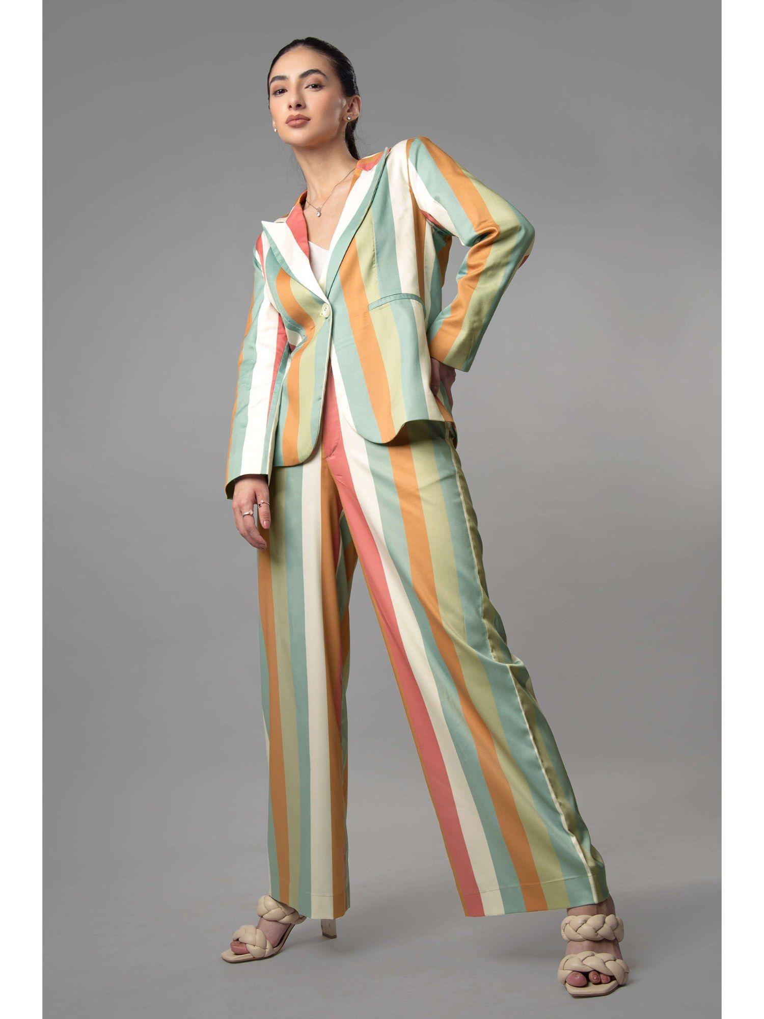 multi-color stripes notched collar luxe co-ord (set of 2)