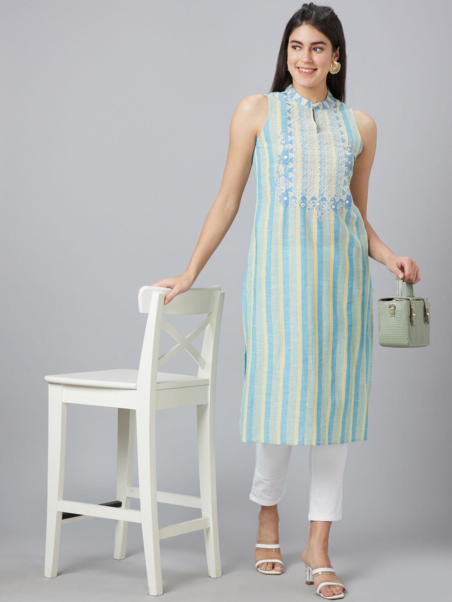 multi-color stripes sleeveless mandarin neck kurta