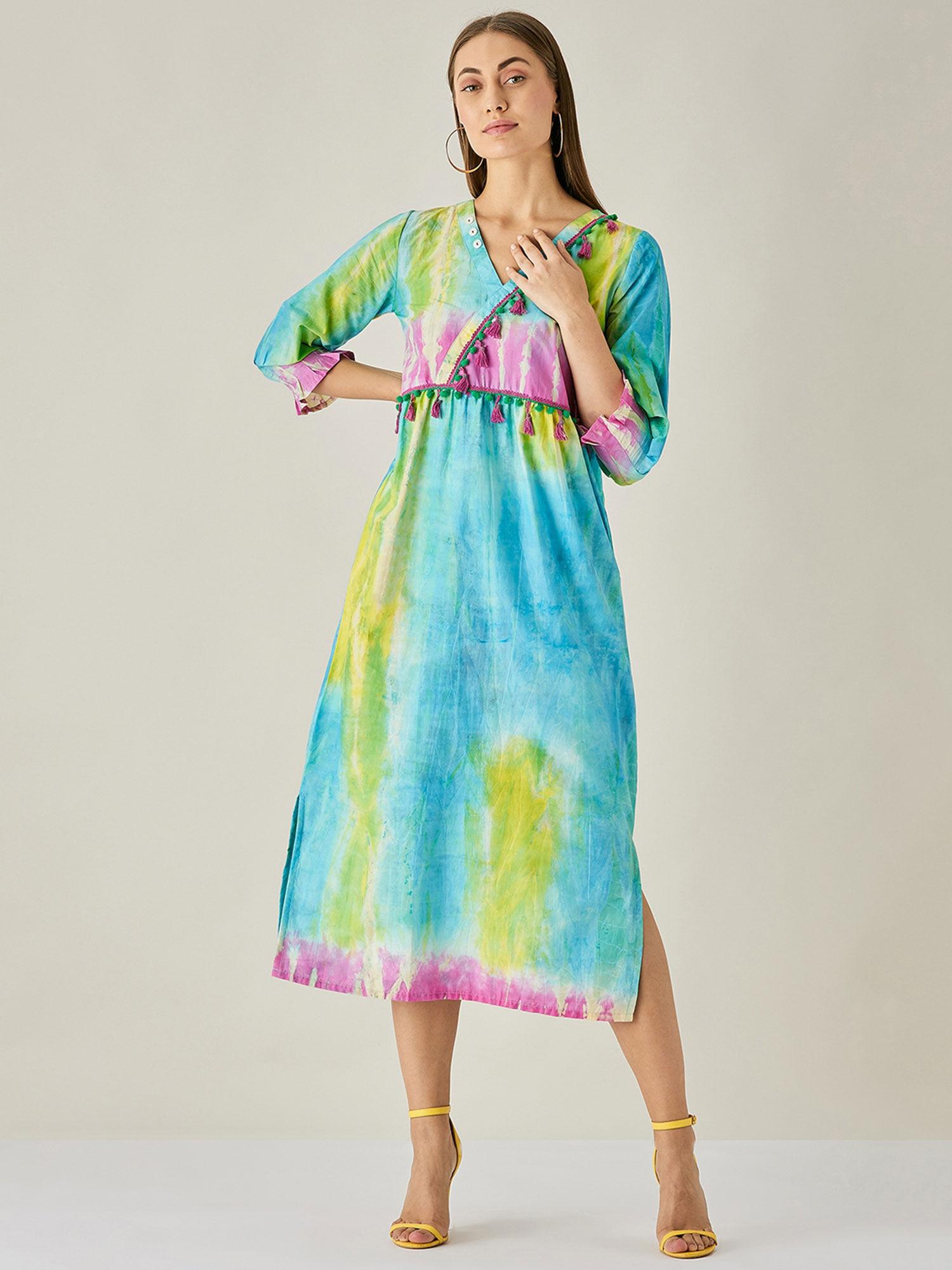 multi-color tie & dye dresses tiedye empire line dress with tassels