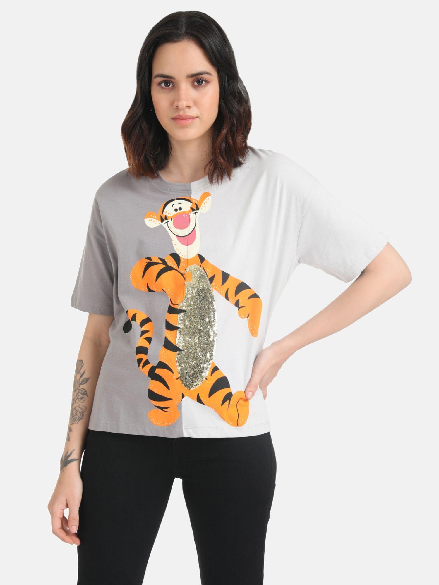 multi-color tigger disney half & half printed t-shirt with sequin work