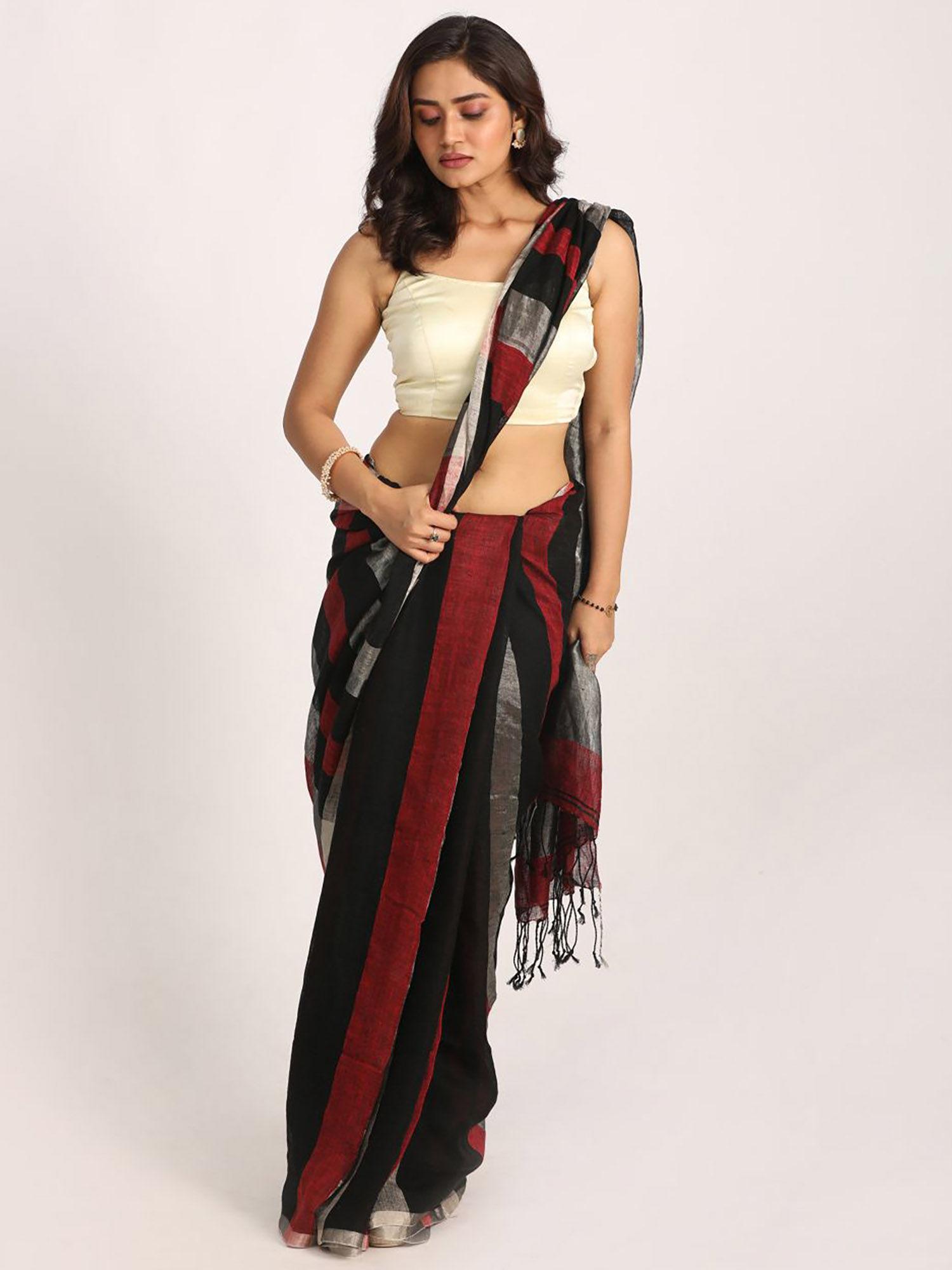 multi-color traditional handloom check linen saree with unstitched blouse