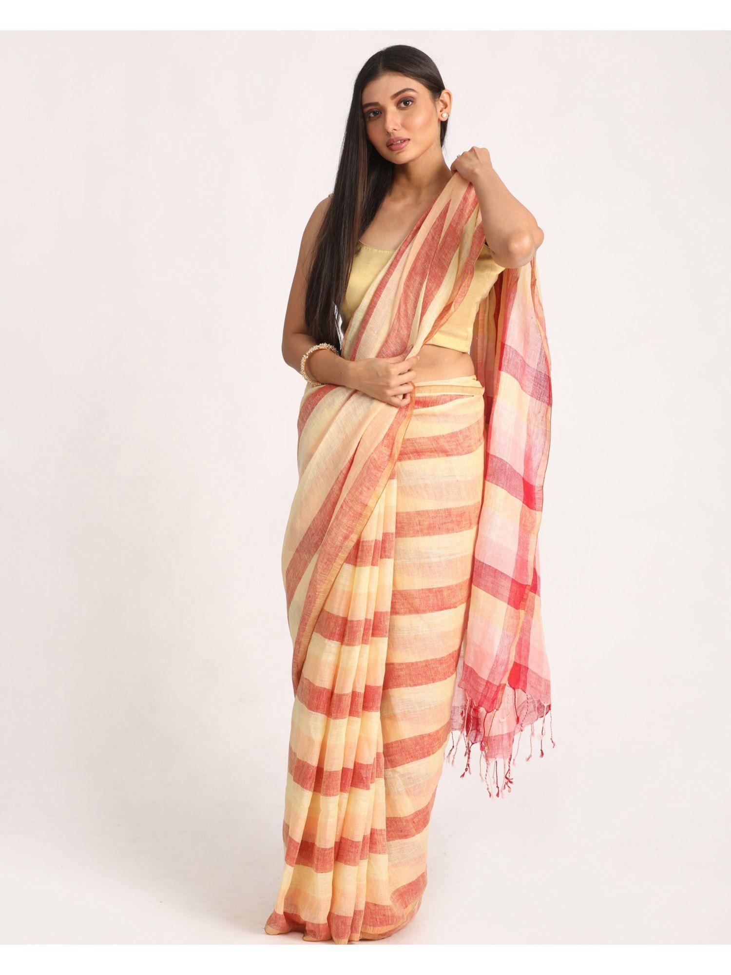 multi-color traditional handloom check linen saree with unstitched blouse