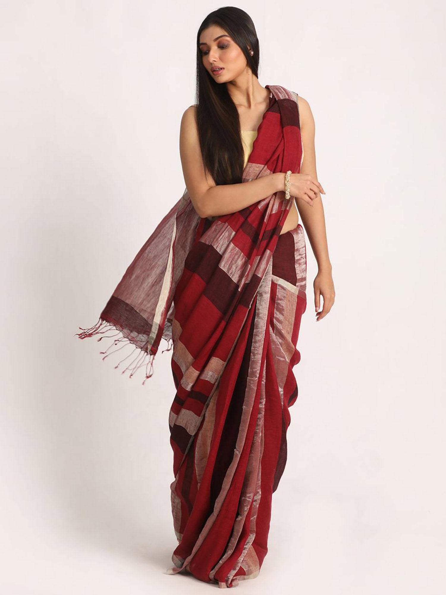 multi-color traditional handloom check linen saree with unstitched blouse