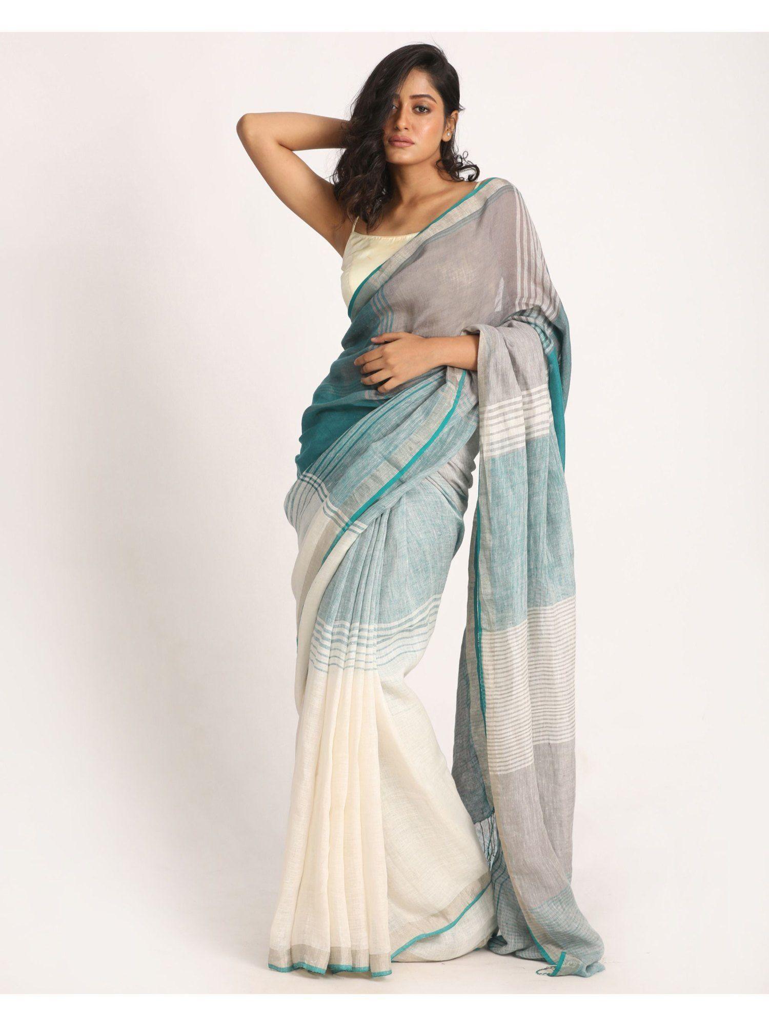 multi-color traditional handloom checks linen saree with unstitched blouse