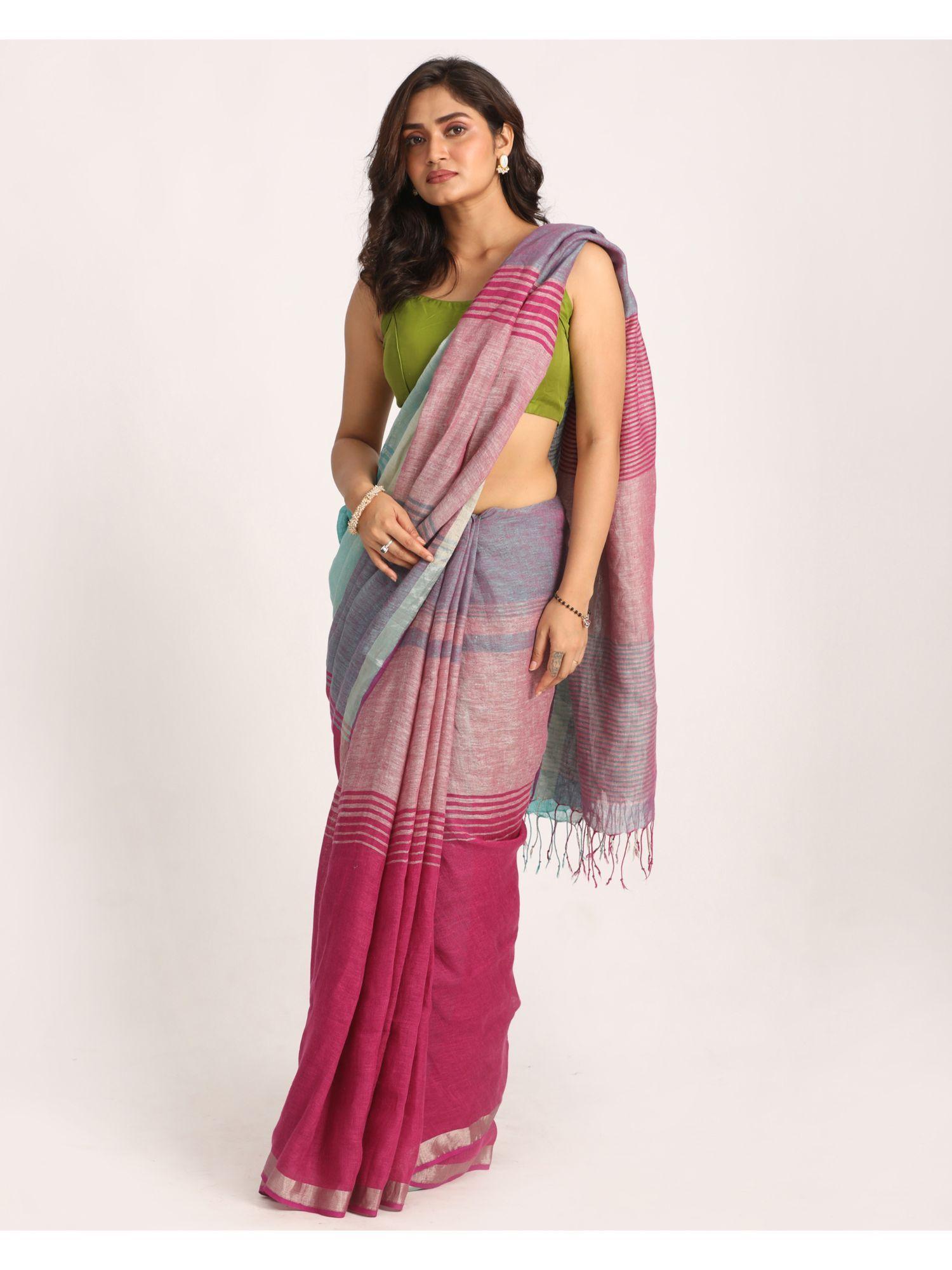 multi-color traditional handloom striped linen saree with unstitched blouse