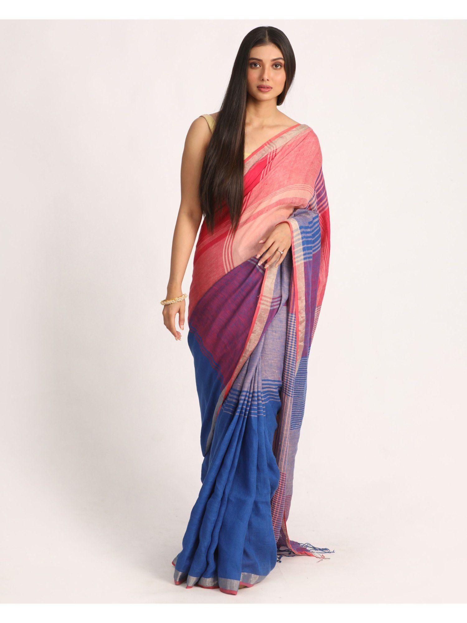 multi-color traditional handloom stripes linen saree with unstitched blouse