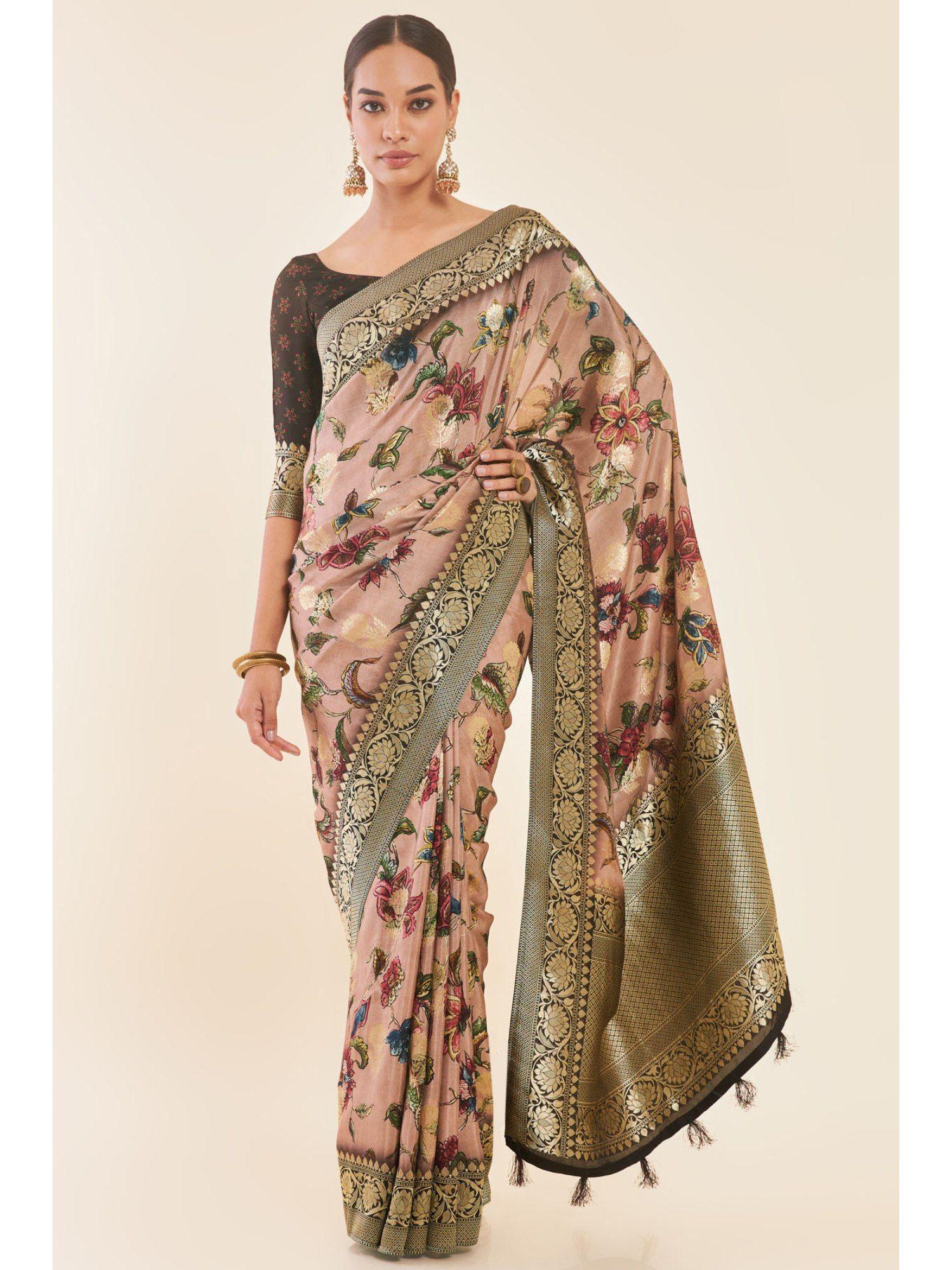 multi-color tussar floral printed saree with zari woven motifs and unstitched blouse