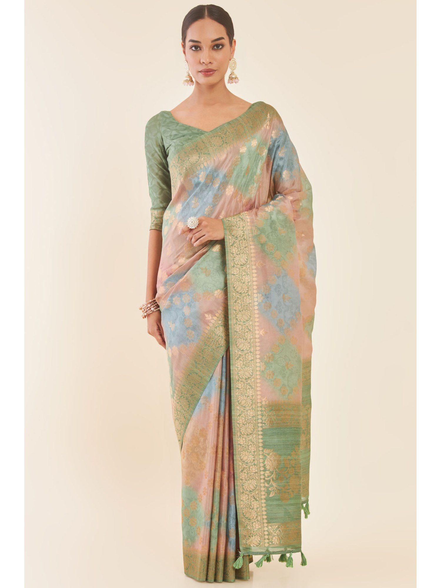 multi-color tussar saree with printed and woven floral zari design with unstitched blouse