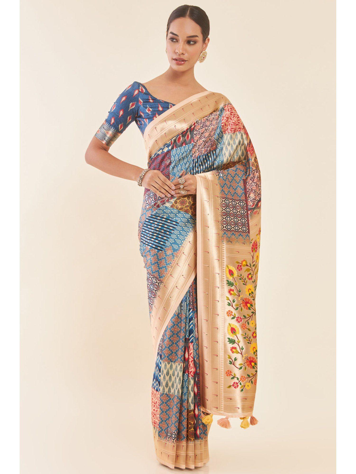 multi-color tussar saree with printed ethnic design and floral pallu with unstitched blouse