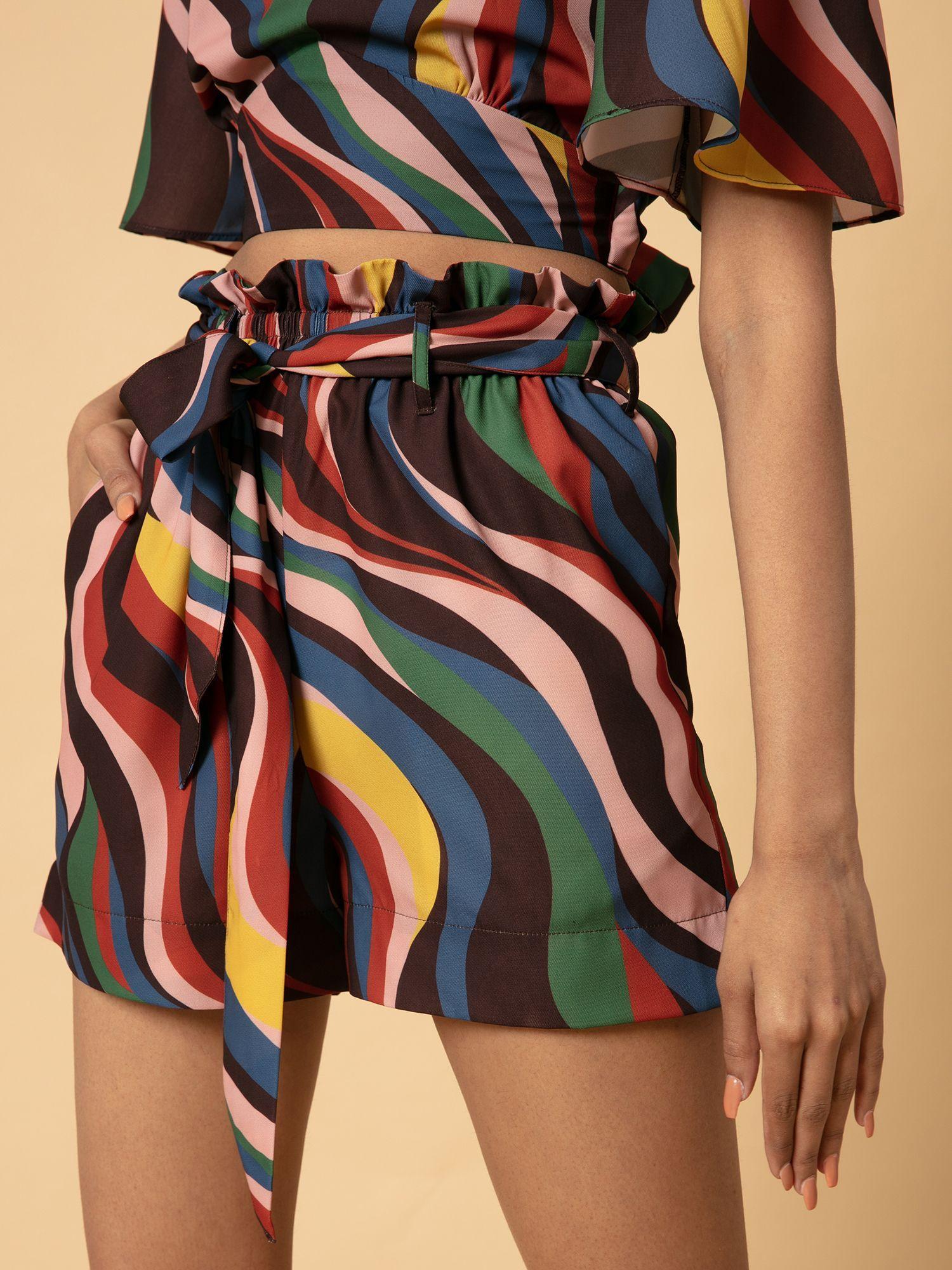 multi color wave printed shorts with belt